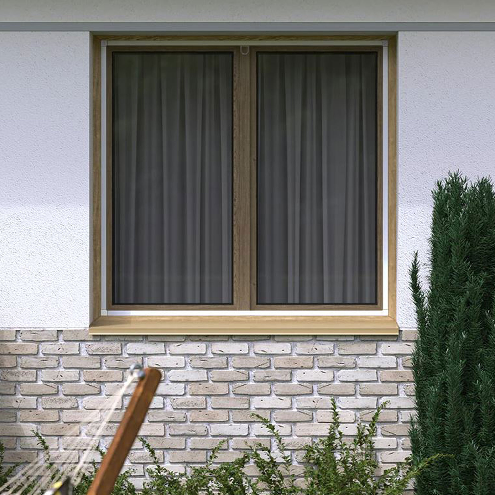 Fenster mit Insektenschutz-Spannrahmen und umgebender Vegetation