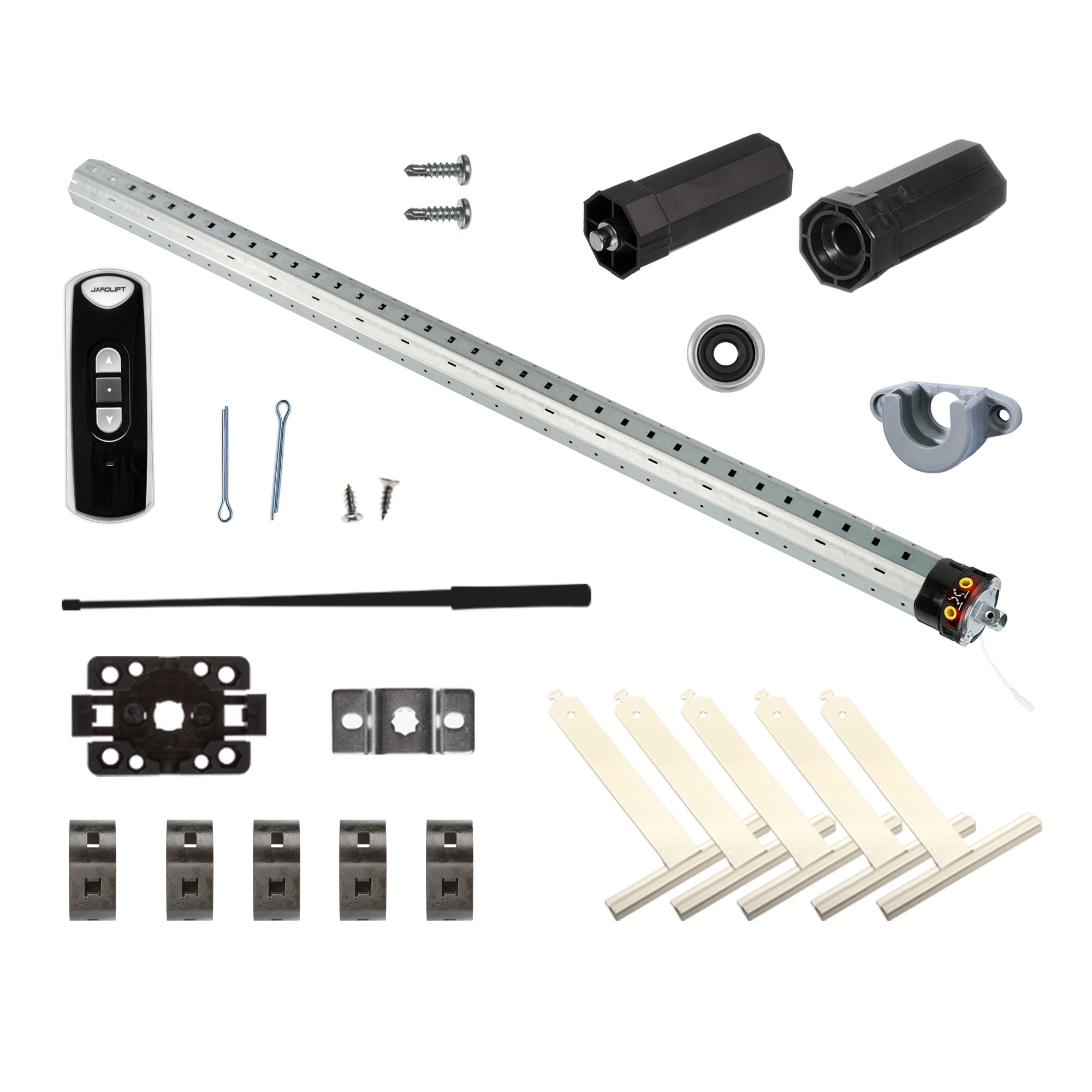 Set mit Universal-Motor und Fernbedienung, bestehend aus Stangen, Halterungen und Schrauben