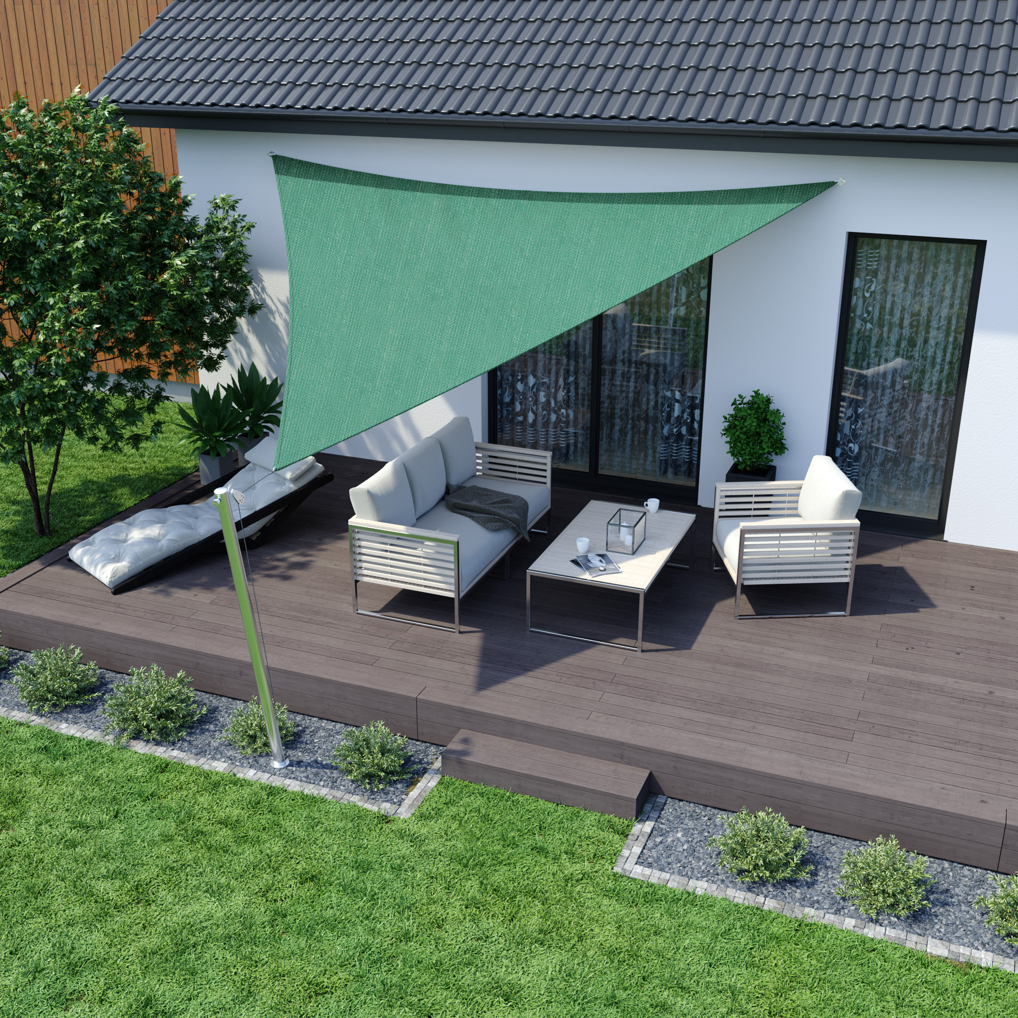 Sonnensegel - HDPE / atmungsaktiv | 5,1 x 3,6 x 3,6 m, rechtwinklig-dreieckig, grün