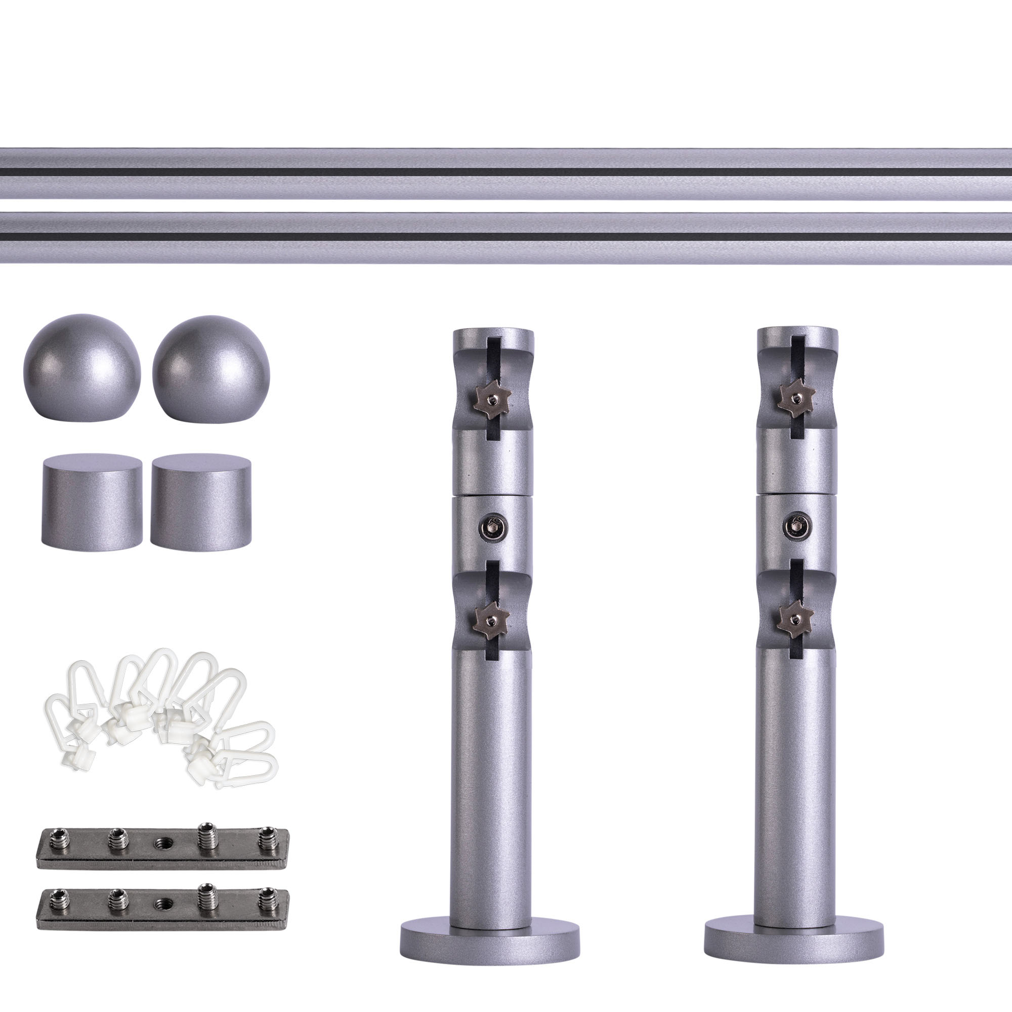 Set bastone per tenda con guida interna | 2 binari, ⌀ 19 mm, 140 cm, argentato + Supporto parete, Finale a sfera, Cursore