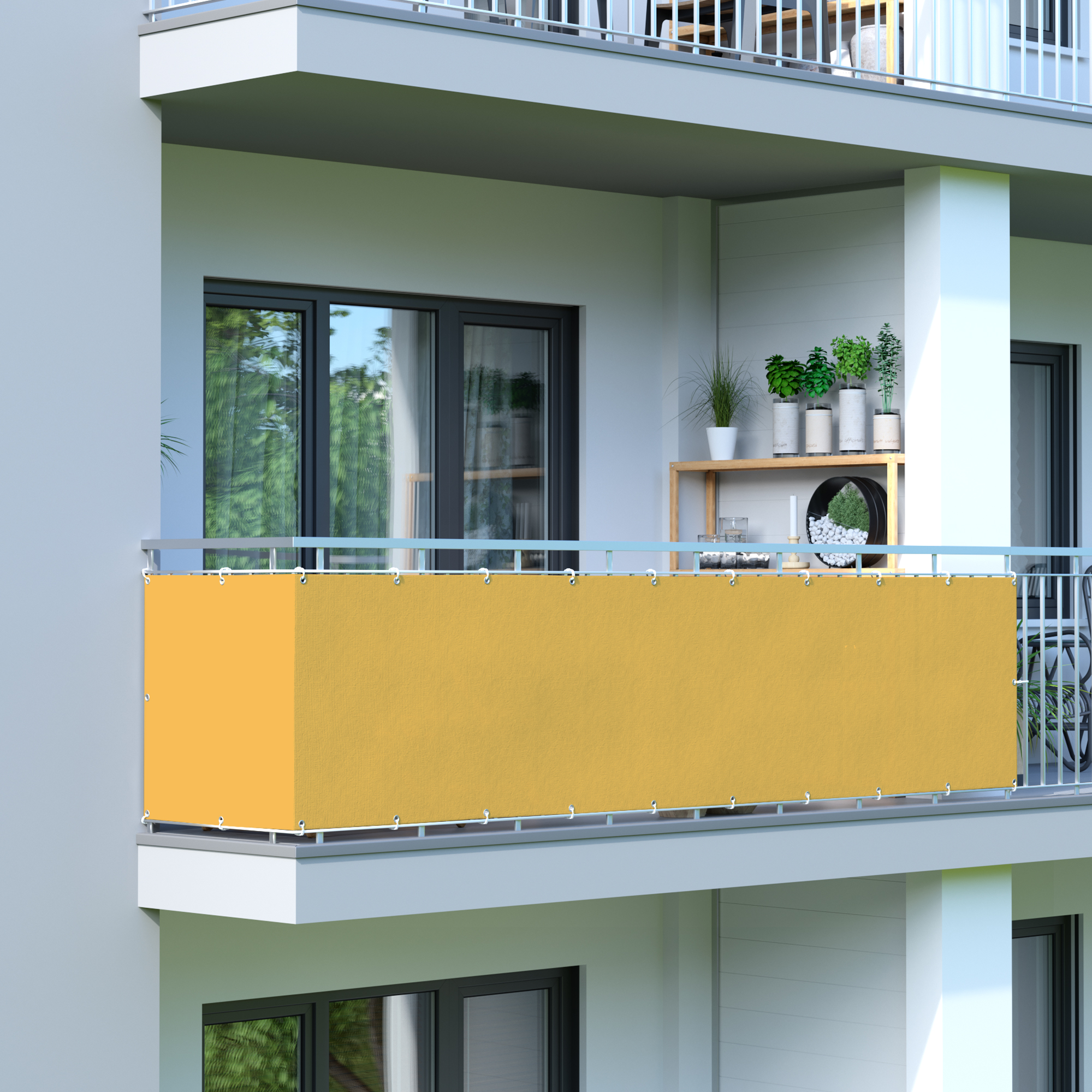 Balkonbespannung aus HDPE, montiert an einem Balkongeländer, bietet Sichtschutz und Atmungsaktivität