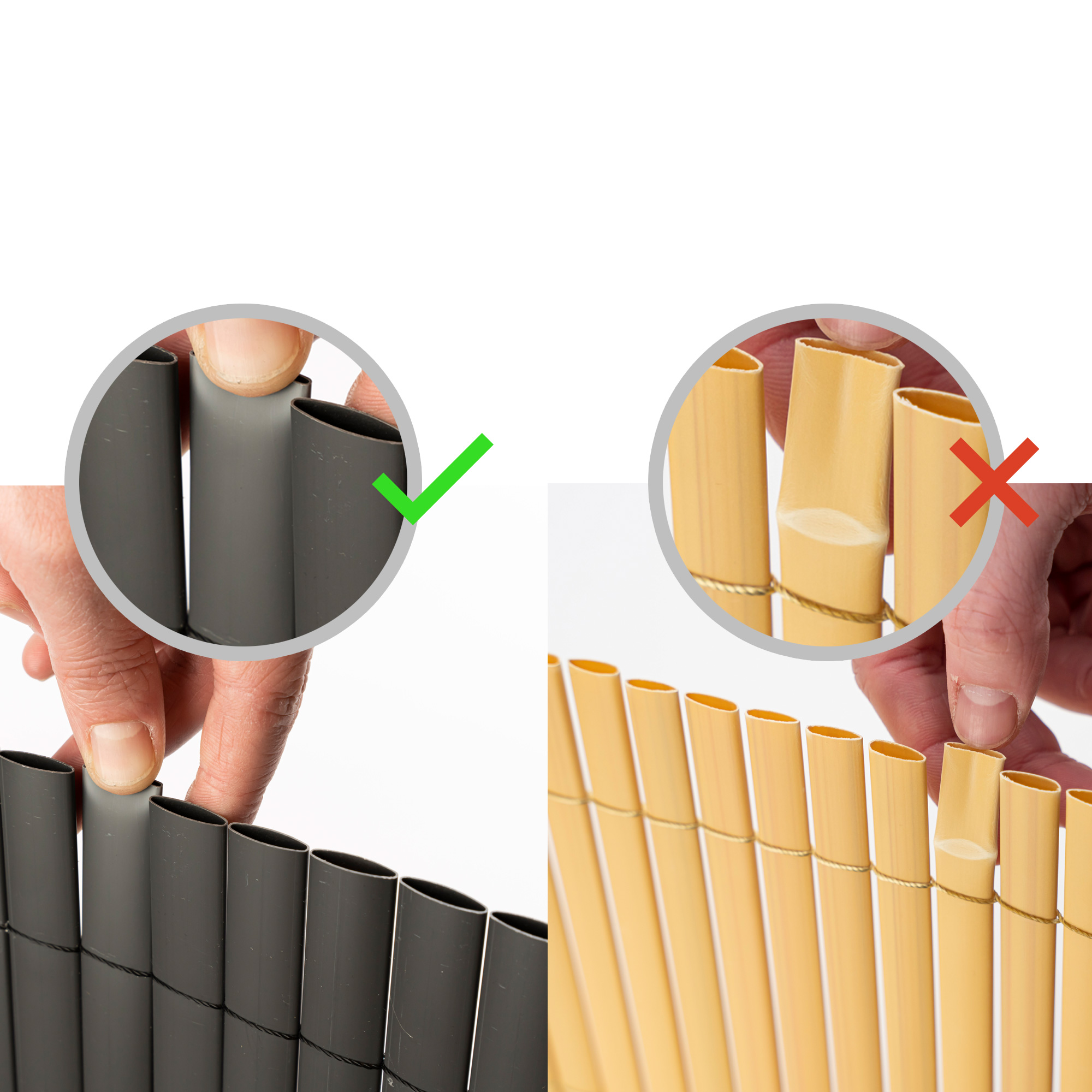 PVC Sichtschutzmatte mit korrekter und falscher Montage der Lamellen