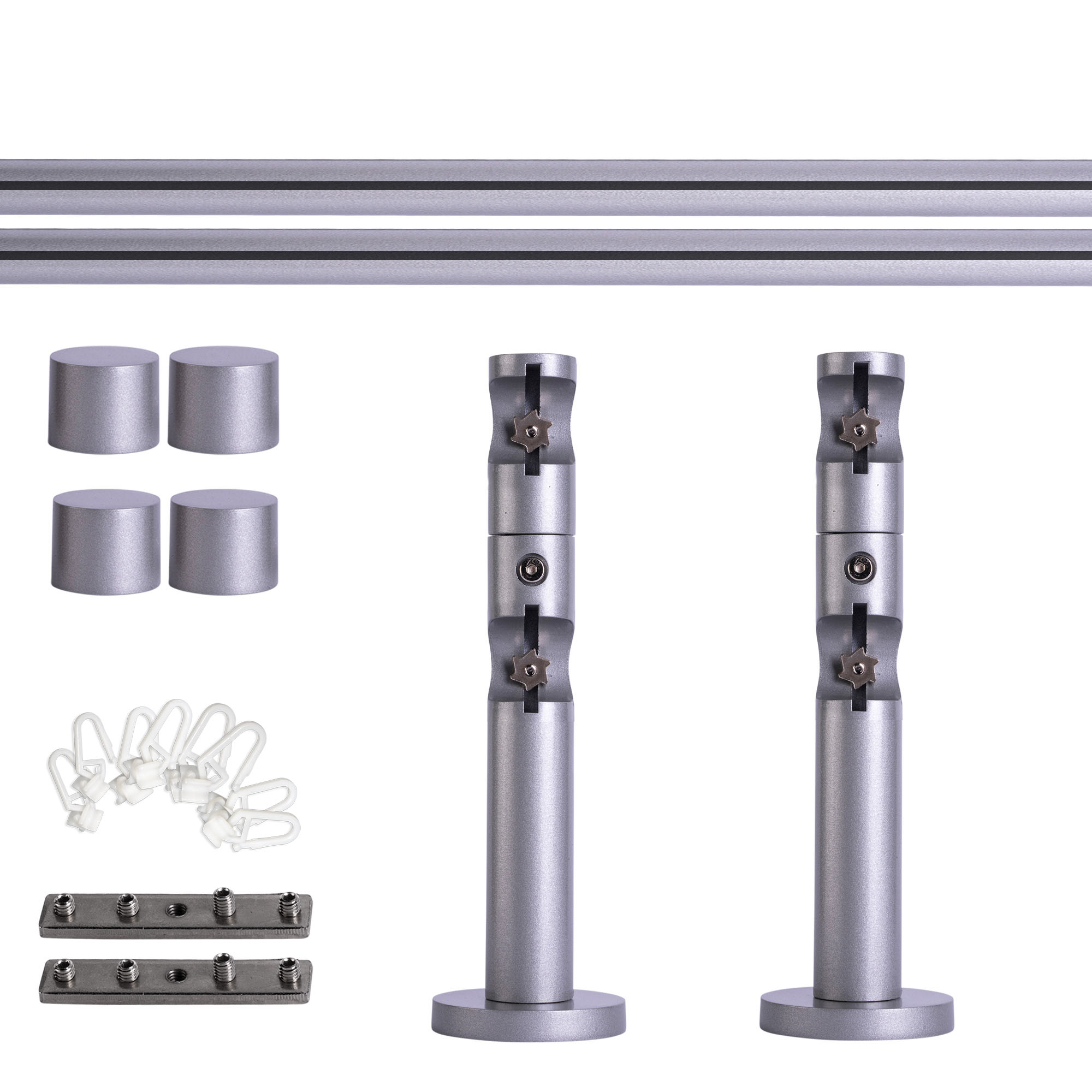 Set bastone per tenda con guida interna | 2 binari, ⌀ 19 mm, 120 cm, argentato + Supporto parete, Tappo, Cursore