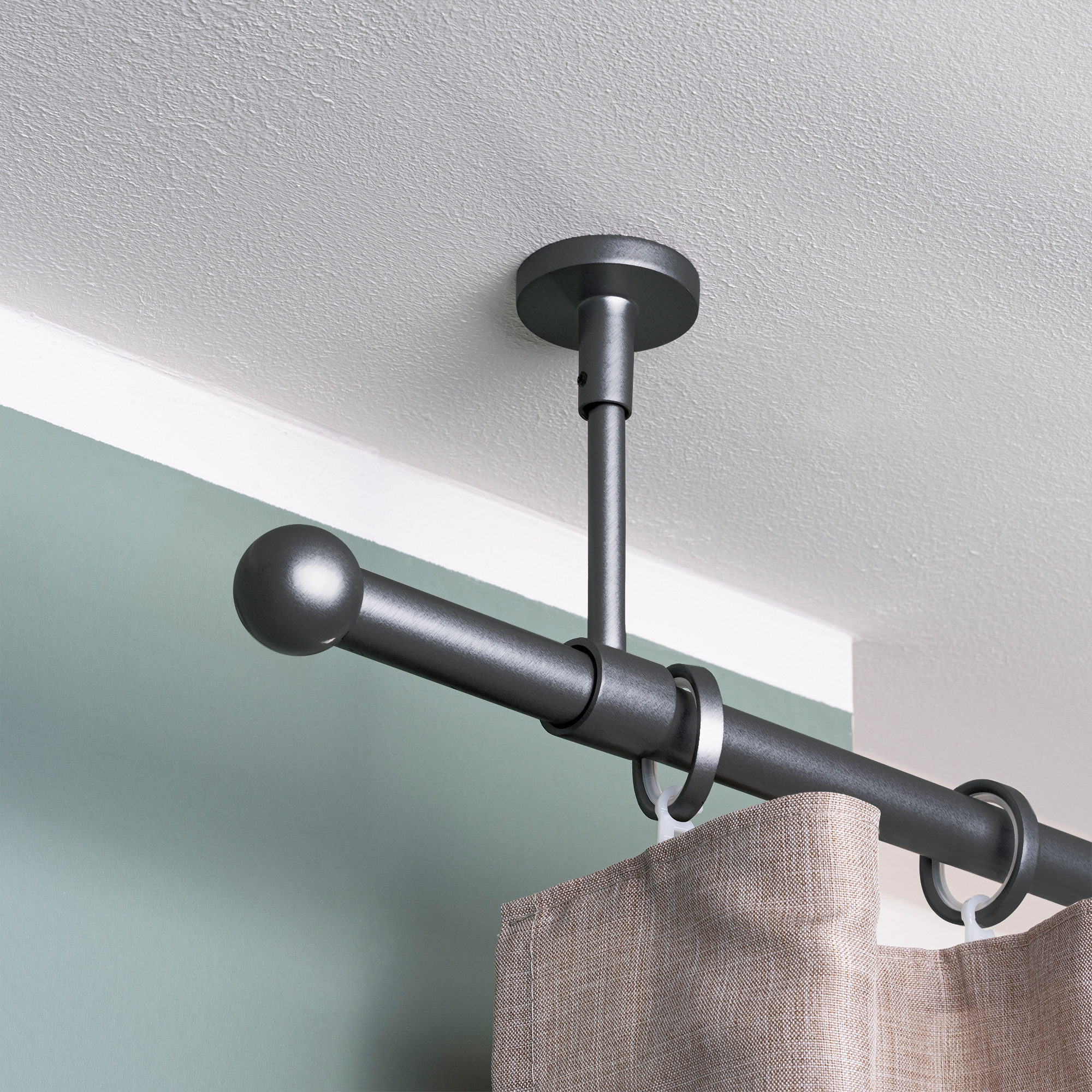 Set bastone per tenda | 1 binario, ⌀ 19 mm, 120 cm, antracite + Supporto soffitto, Finale a sfera