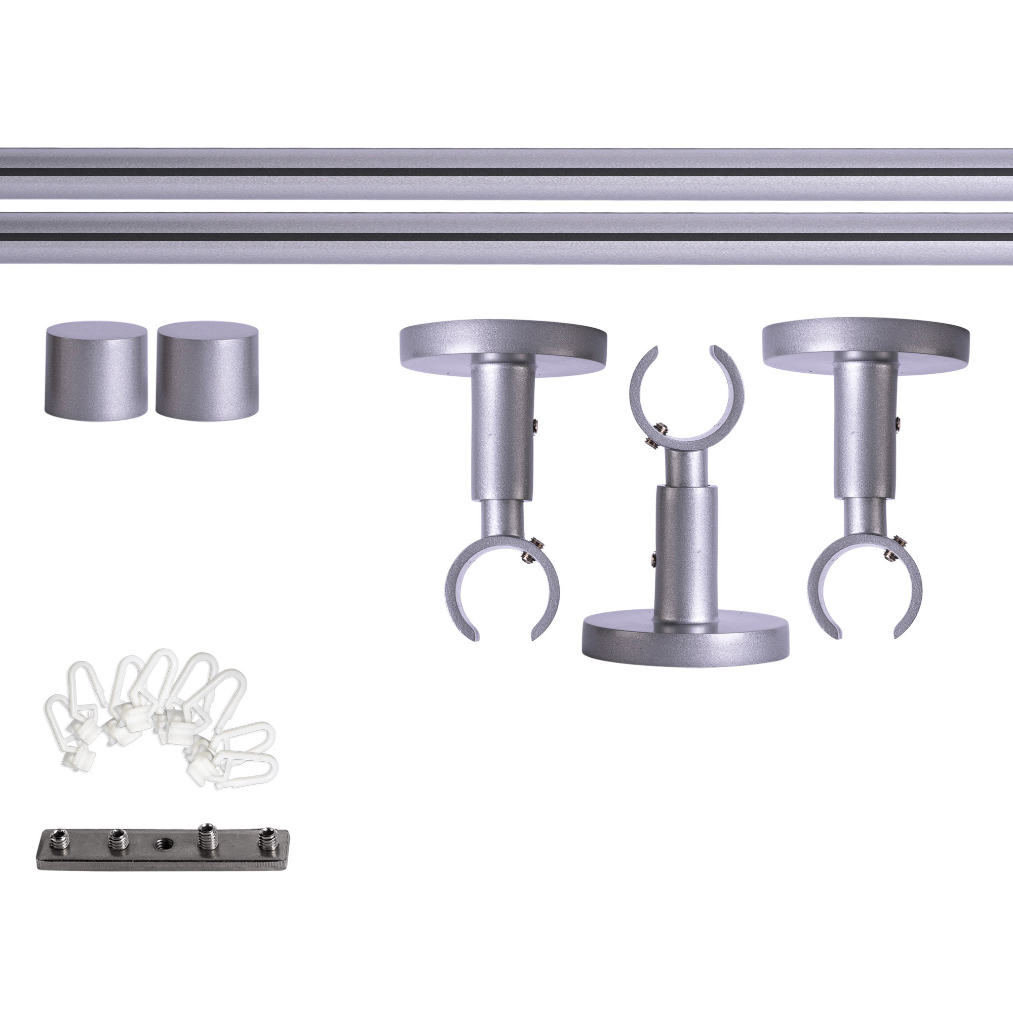 Set bastone per tenda con guida interna | 1 binario, ⌀ 19 mm, 280 cm, argentato + Supporto soffitto, Tappo, Cursore
