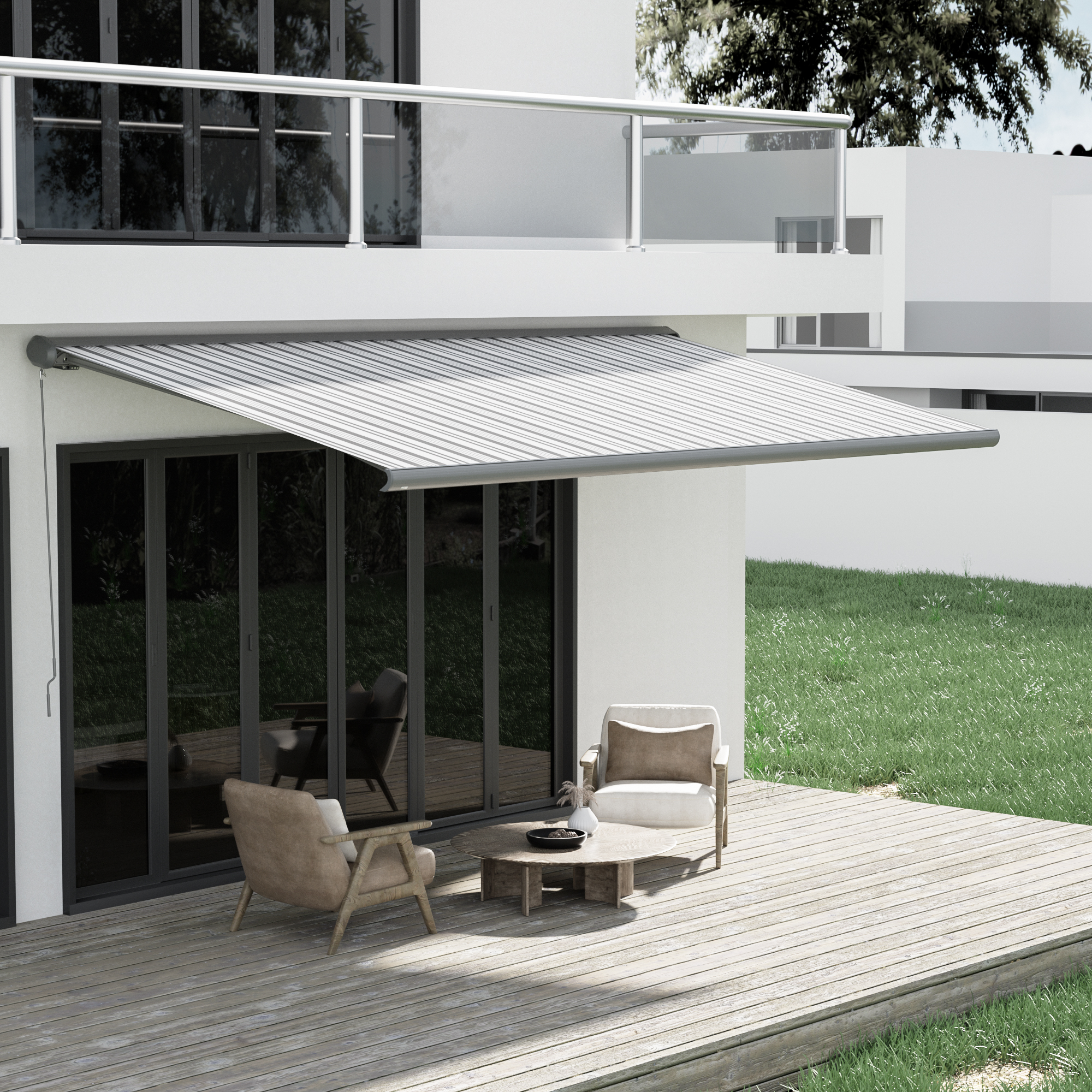 Kassettenmarkise Curve 2000 | 3,45 x 3 m / Gestell: anthrazit / Stoff: Multi, weiß-grau