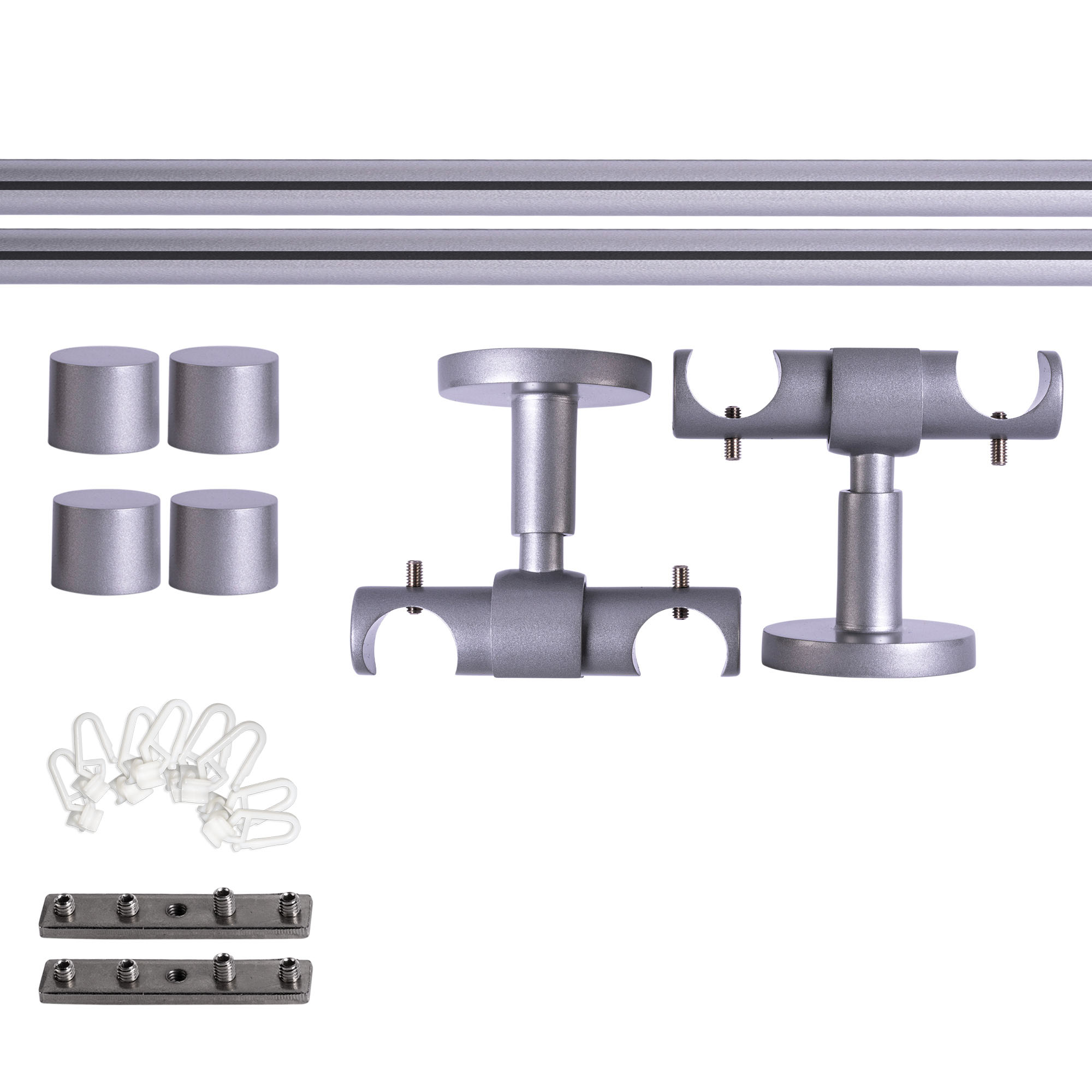 Set bastone per tenda con guida interna | 2 binari, ⌀ 19 mm, 120 cm, argentato + Supporto soffitto, Tappo, Cursore