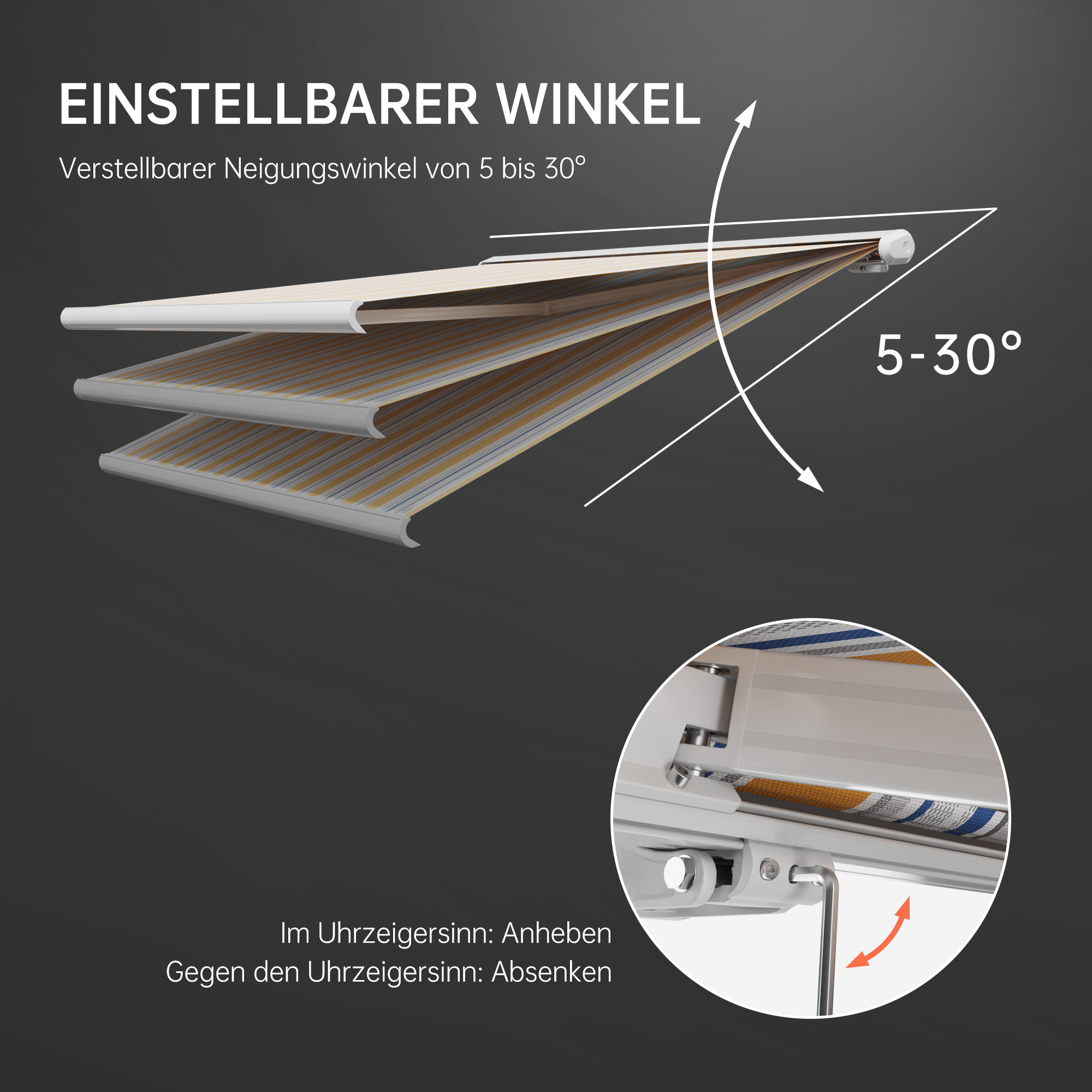 Kassettenmarkise mit verstellbarem Neigungswinkel von 5 bis 30 Grad