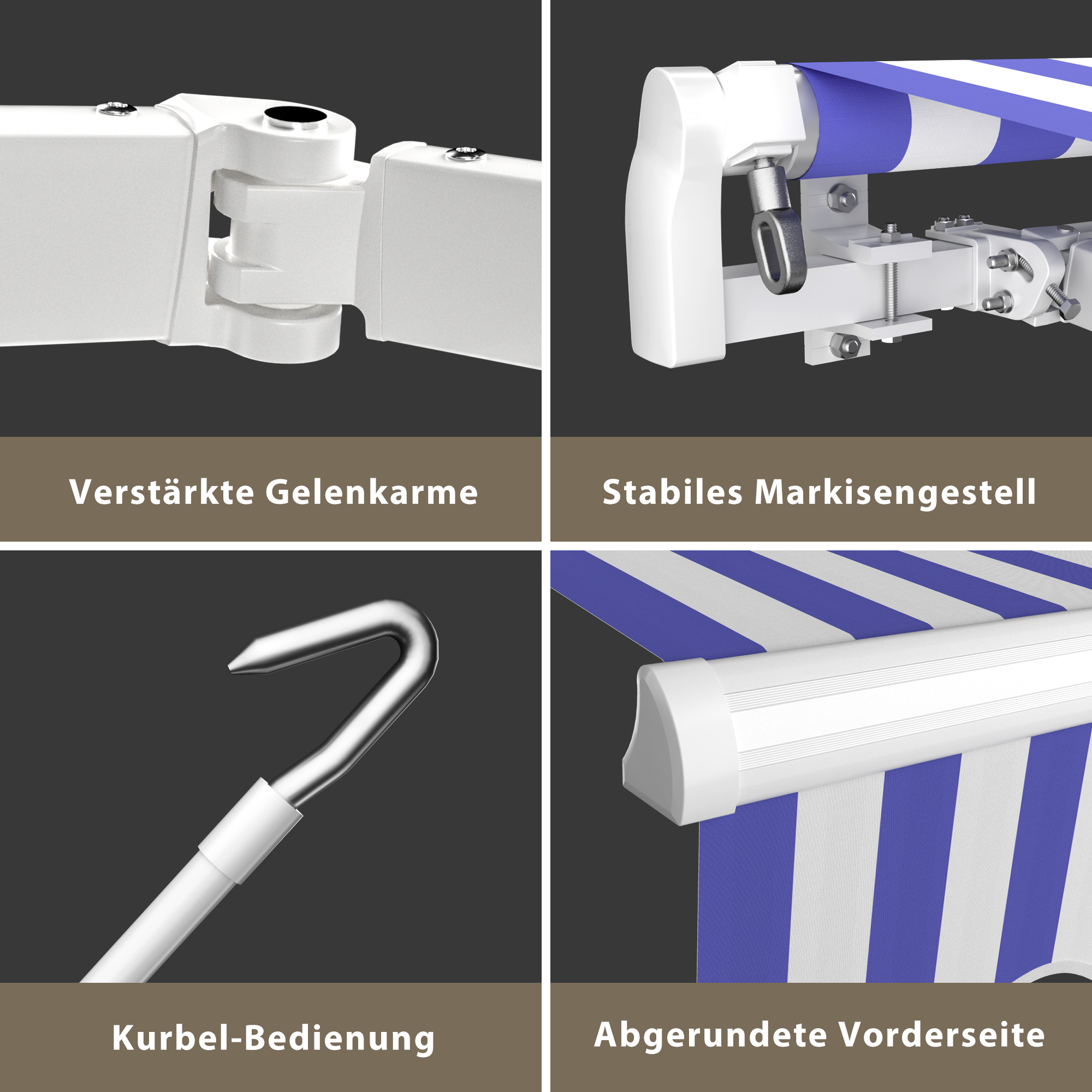 Markise mit verstärkten Gelenkarmen, stabilem Gestell, Kurbel-Bedienung und abgerundeter Vorderseite