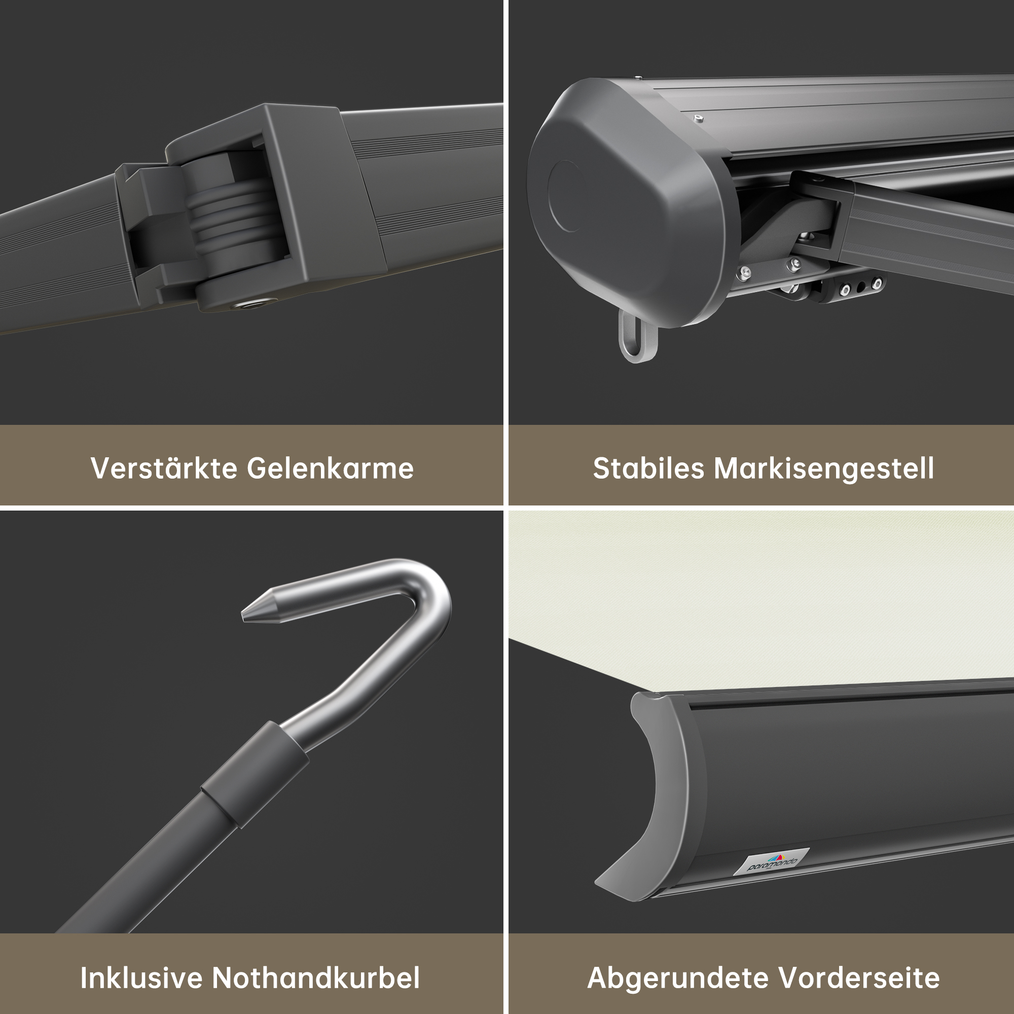 Kassettenmarkise Curve 2000 mit verstärkten Gelenkarmen und abgerundeter Vorderseite