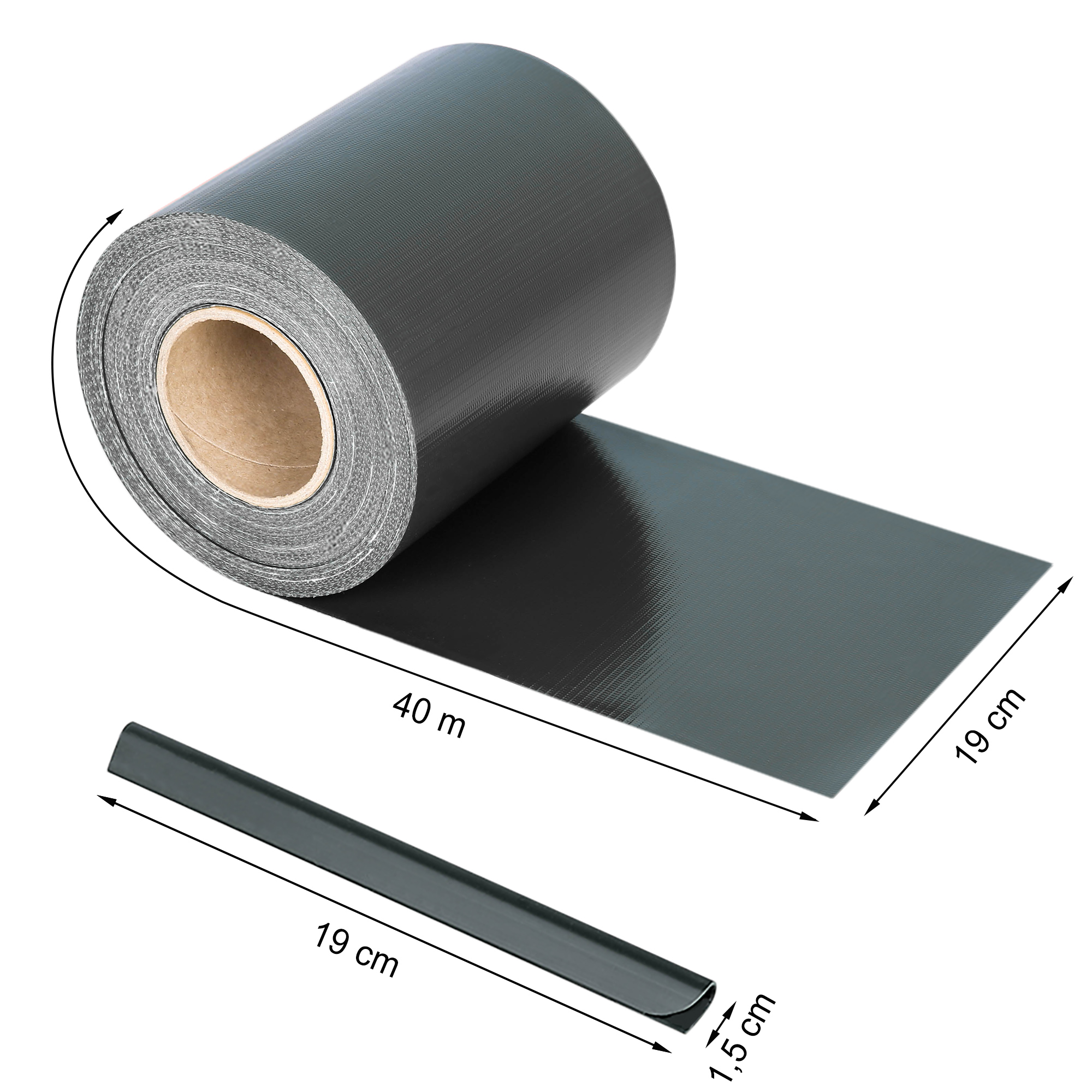 Rolle mit PVC Sichtschutzstreifen für Zäune, inklusive Maßangaben für Länge und Breite