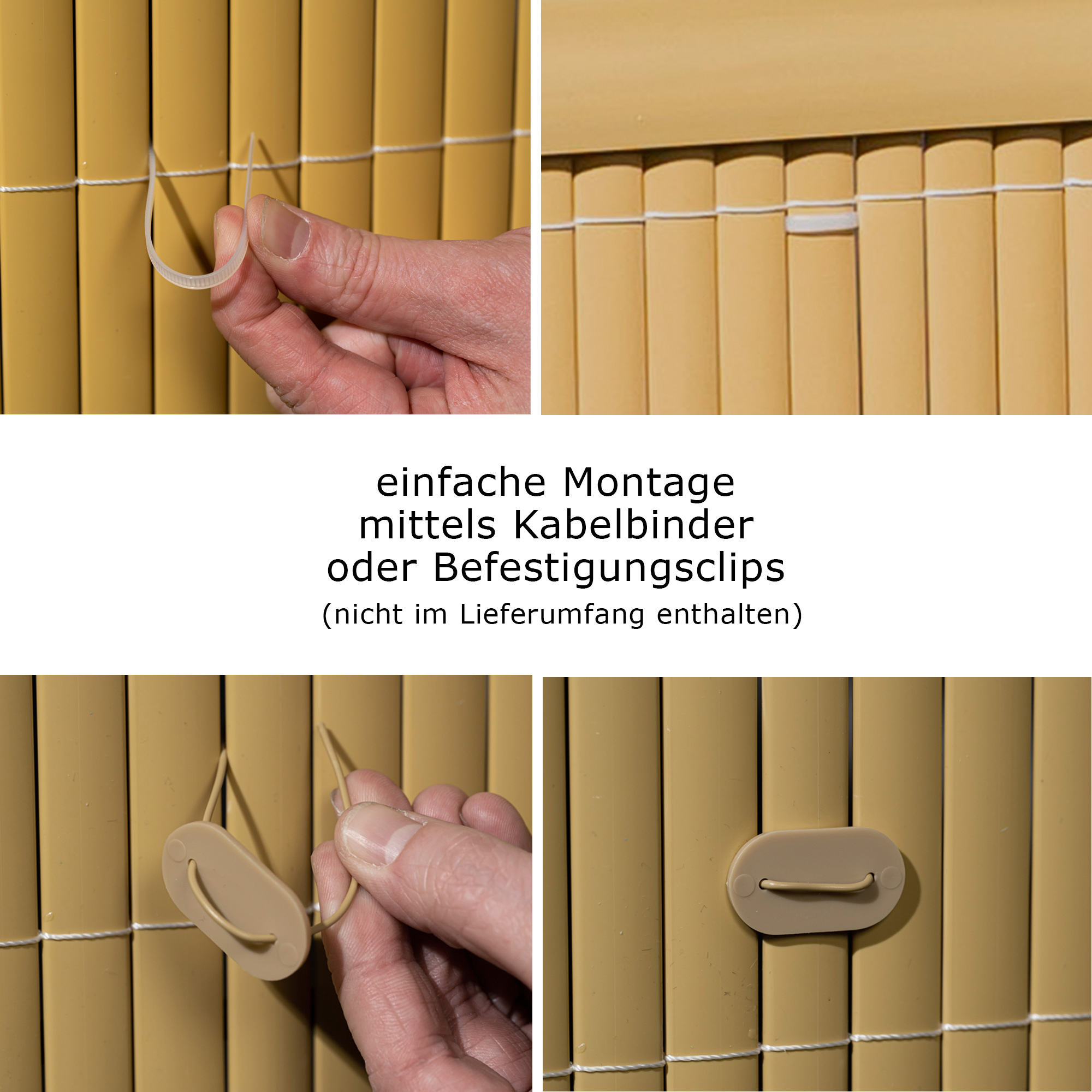 PVC Sichtschutzmatte mit Kabelbinder und Befestigungsclips zur einfachen Montage
