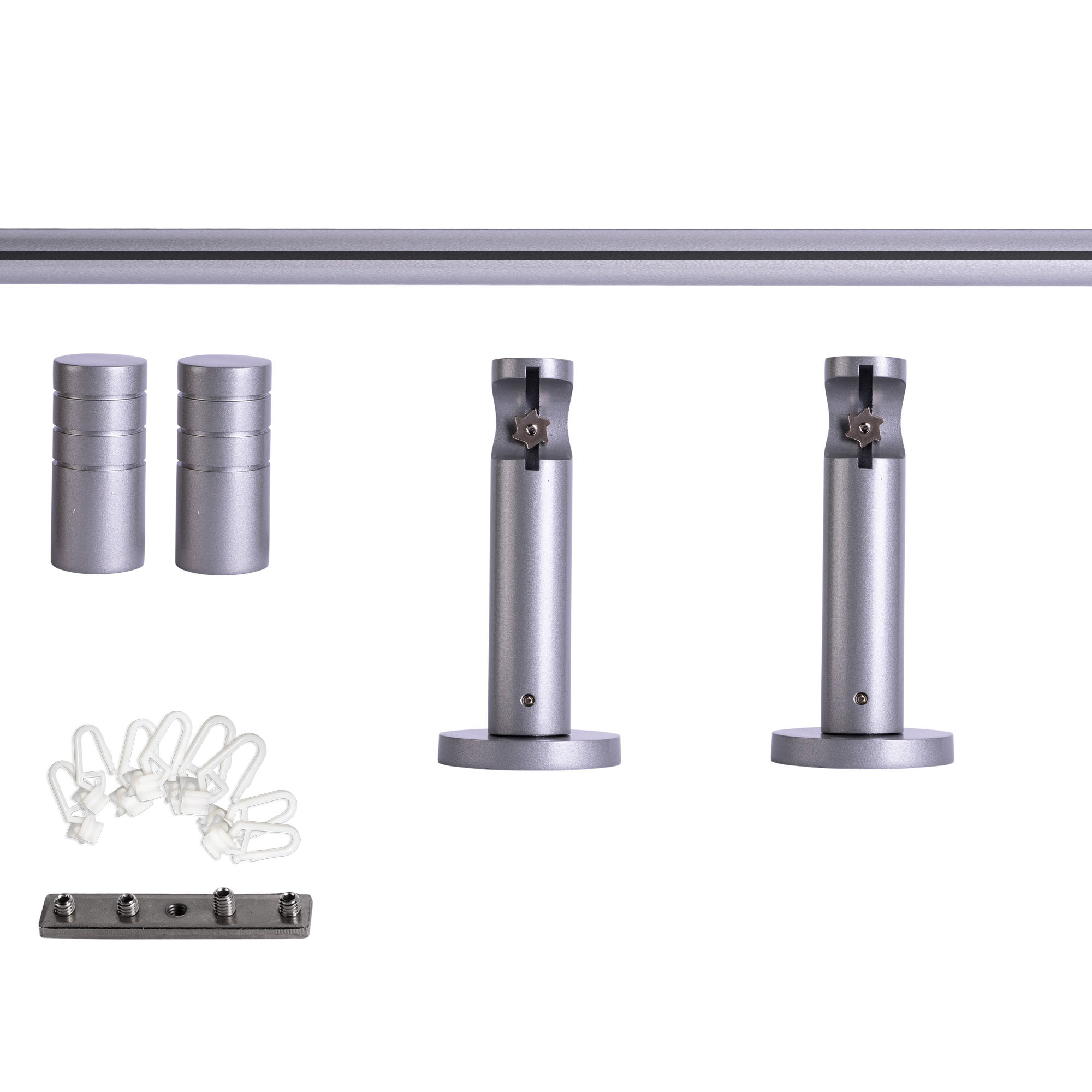 Set bastone per tenda con guida interna | 1 binario, ⌀ 19 mm, 120 cm, argentato + Supporto parete, Copertura scanalata, Cursore