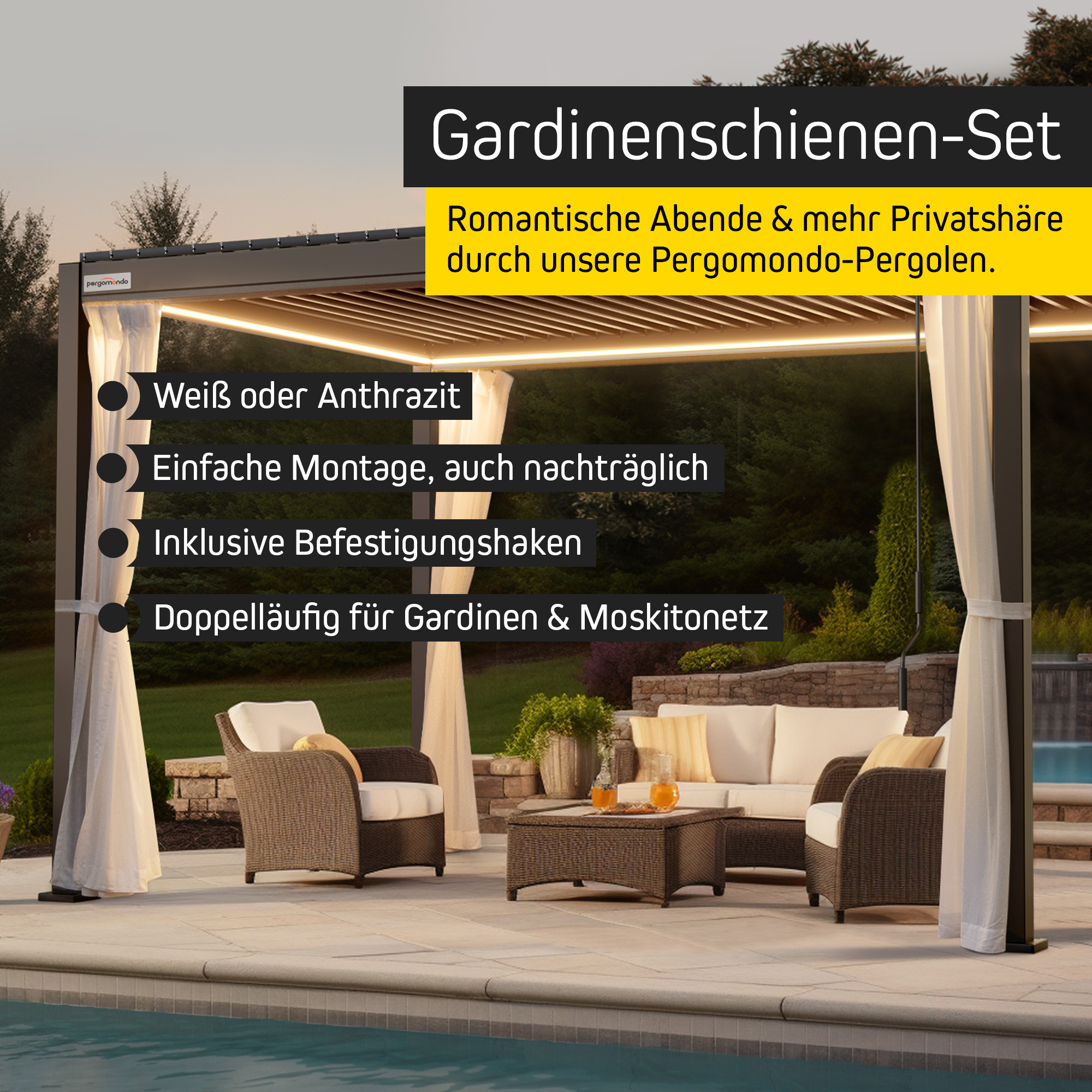 Gardinenschienenset für Pergola mit Lamellendach | 3 x 3 m, anthrazit 