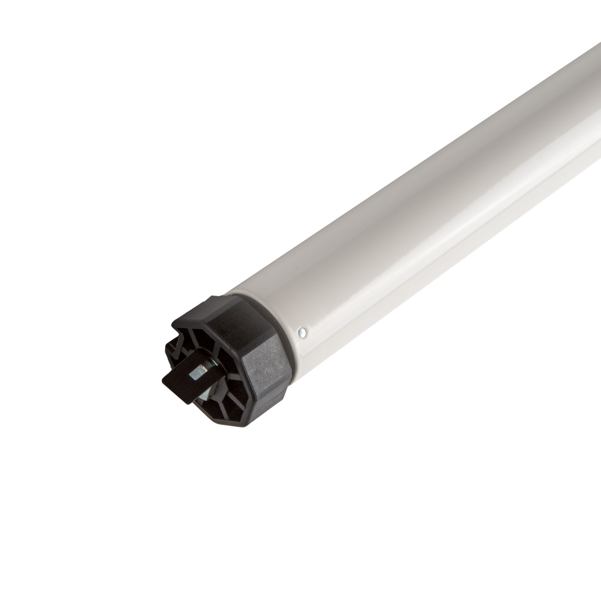 Rollladenmotor mit zylindrischem Gehäuse und Befestigungselementen für automatisierte Systeme