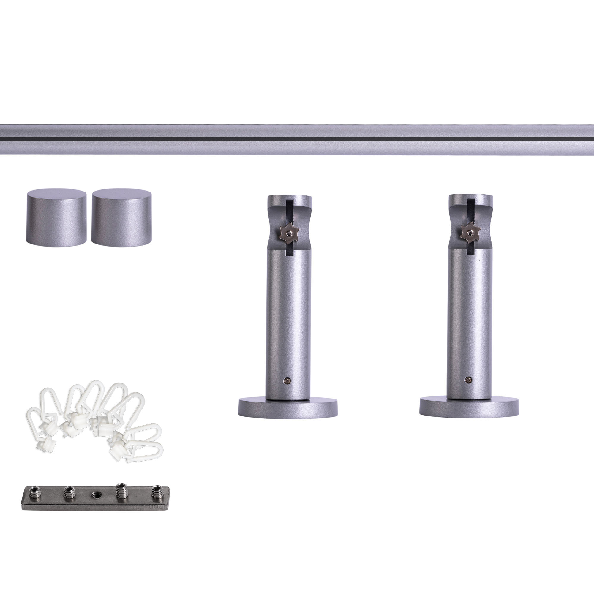 Set bastone per tenda con guida interna | 1 binario, ⌀ 19 mm, 120 cm, argentato + Supporto parete, Tappo, Cursore