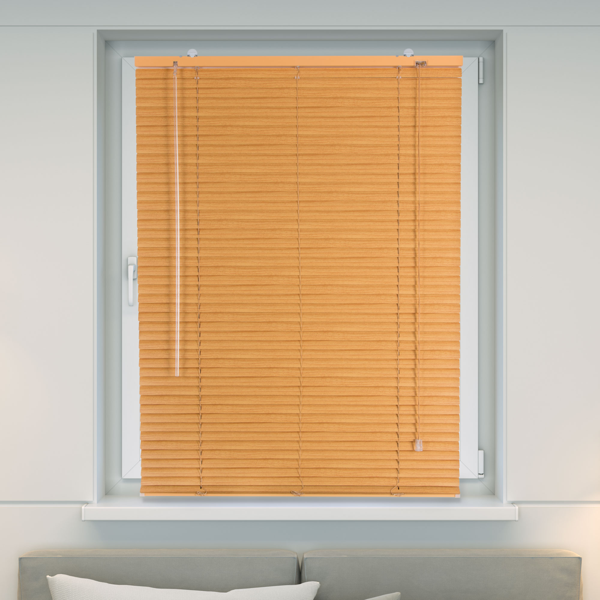 Fenster mit Jalousie, geschlossen, mit Bedienstab und Zugkette