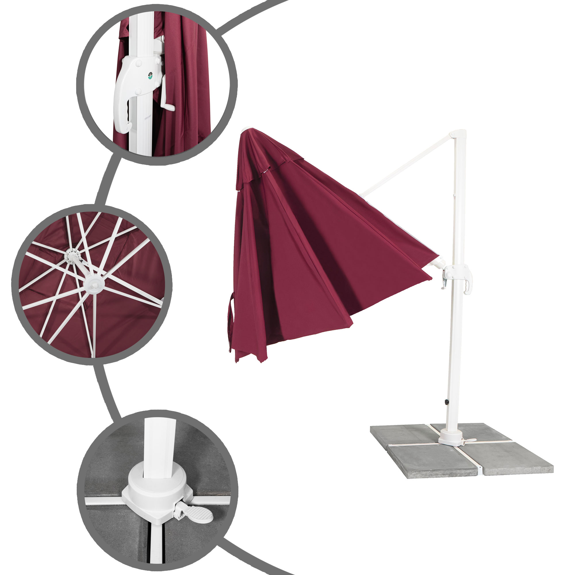 Ampelschirm mit seitlichem Mast und Kurbelmechanismus, Detailansichten von Gestell und Basis
