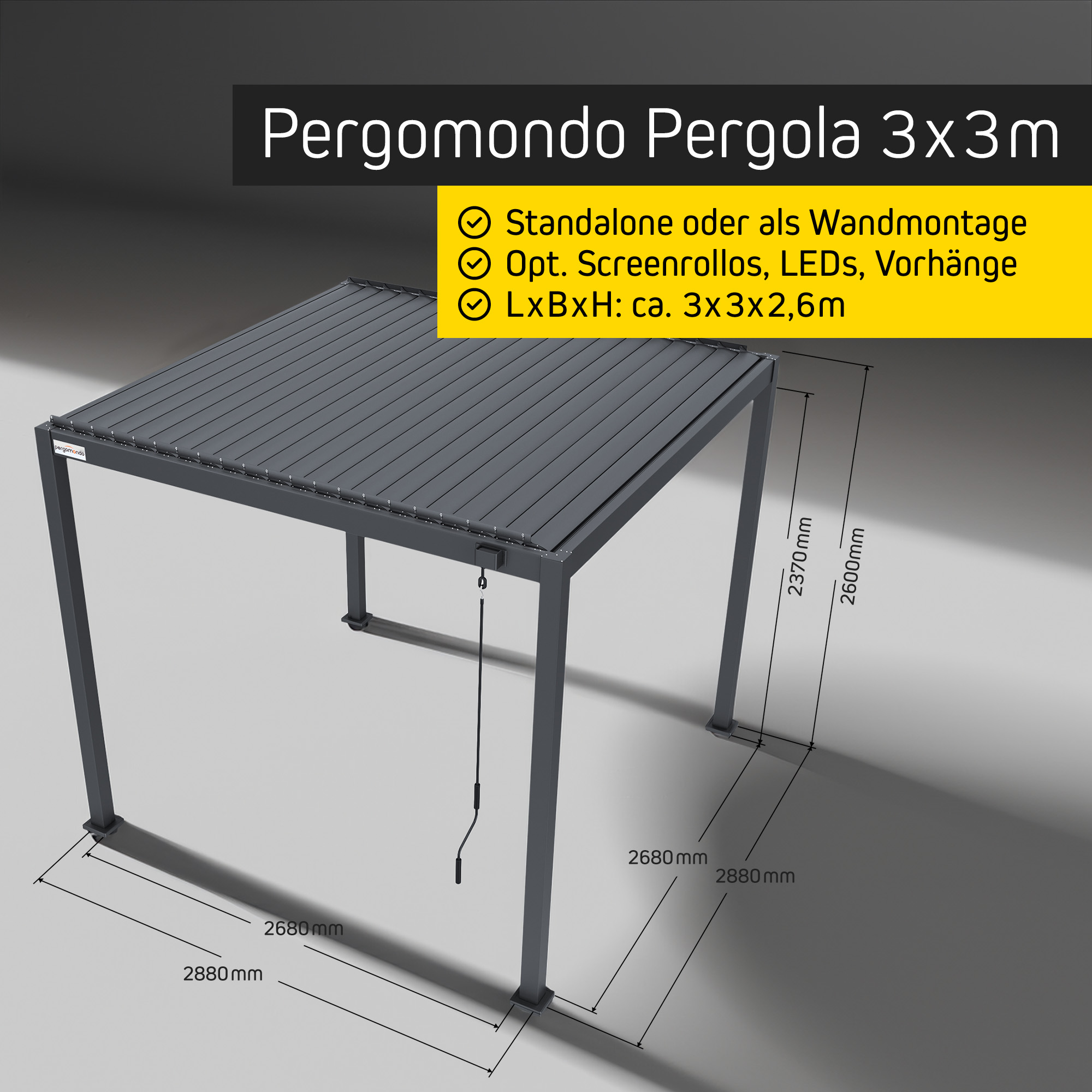 Pergola mit Lamellendach | 3 x 3 m, anthrazit 