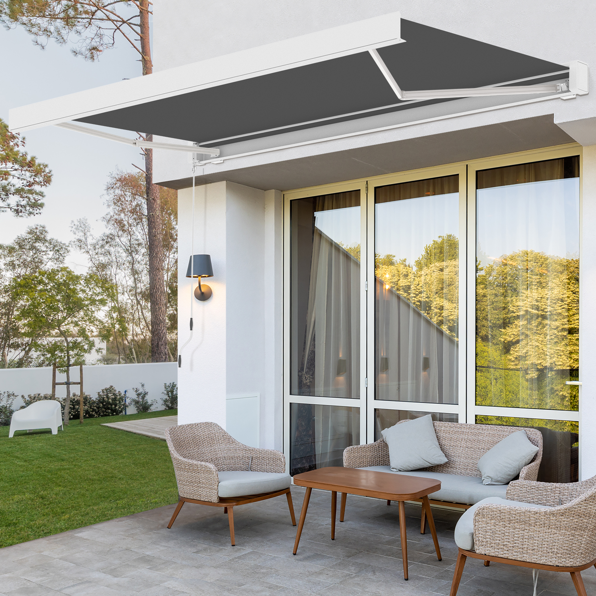 Kassettenmarkise Quadris LED | 3,45 x 3 m, weiß, Stoff: grau, Uni 