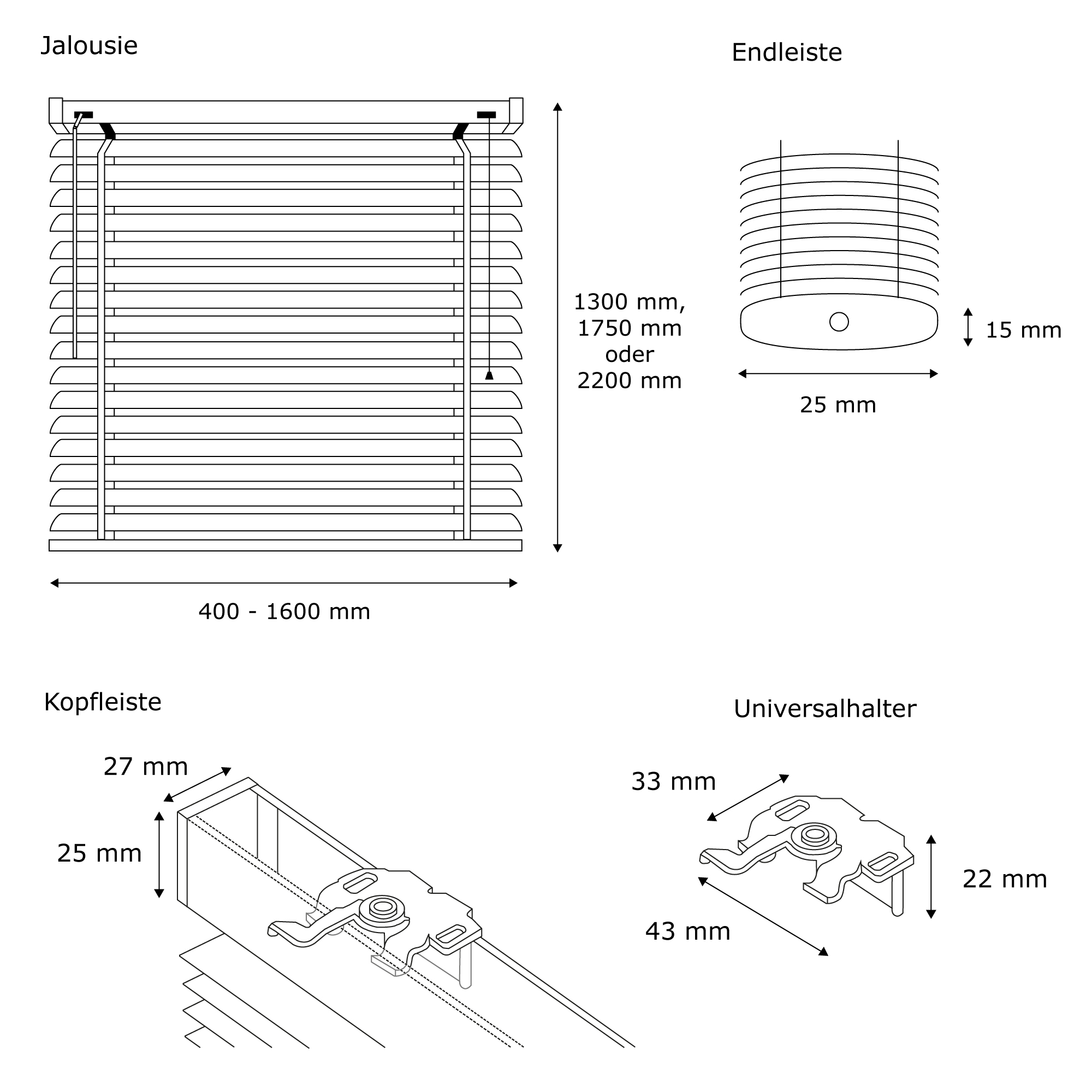 Diagramm einer Aluminiumjalousie mit Maßen und Komponentenbeschriftungen