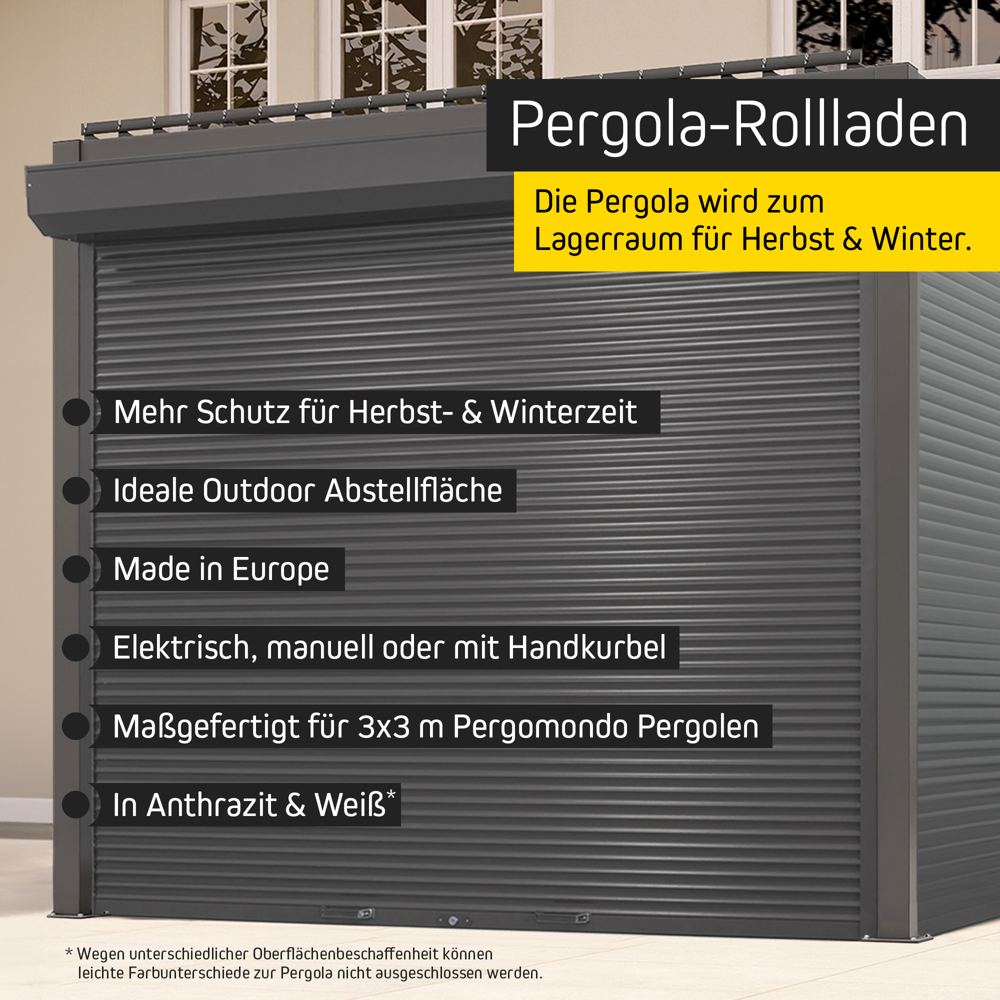 Rollladen für Pergola mit Lamellendach | Manuell, 3 m, anthrazit