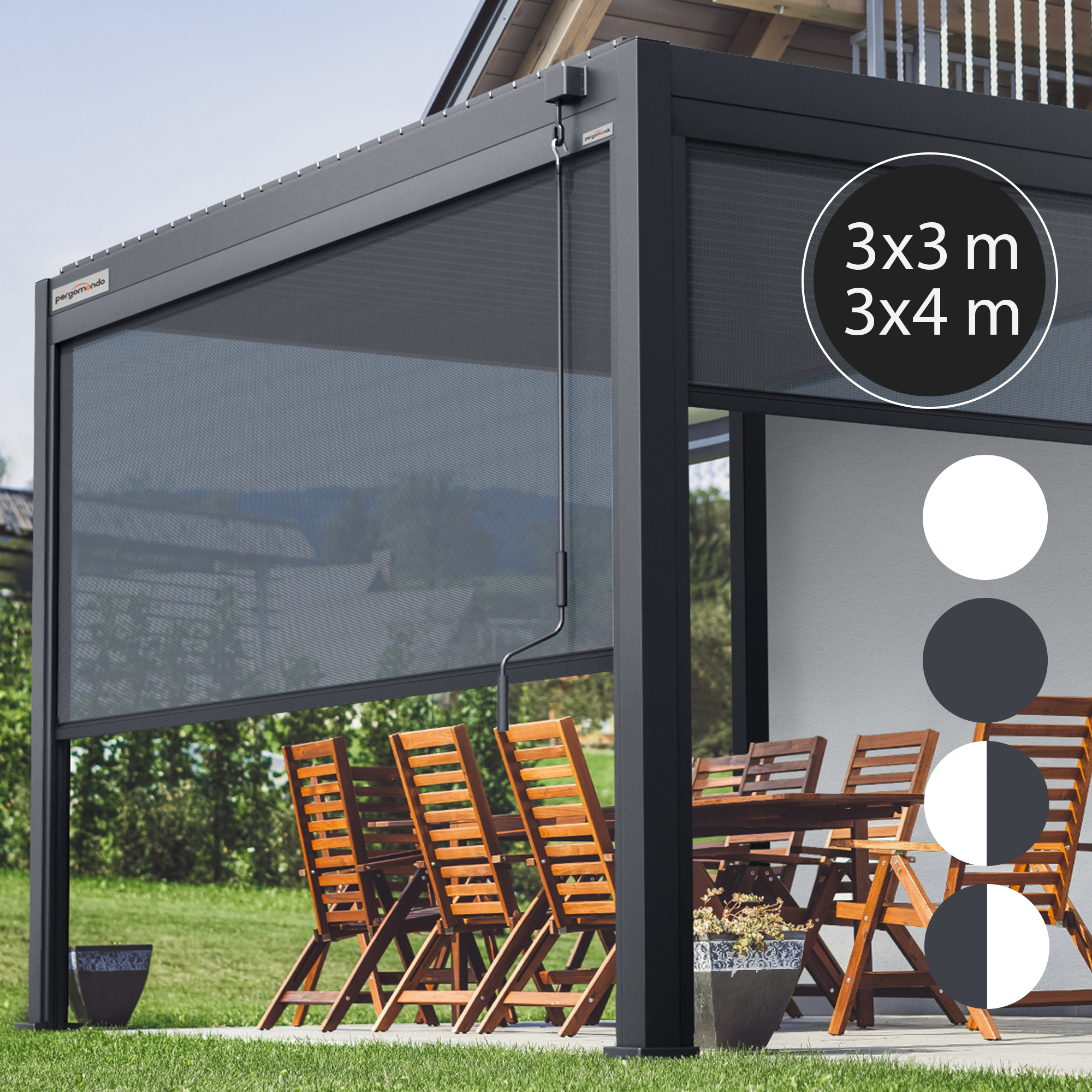 Pergola mit Lamellendach und seitlichem Sichtschutz über Esstisch und Stühlen im Freien