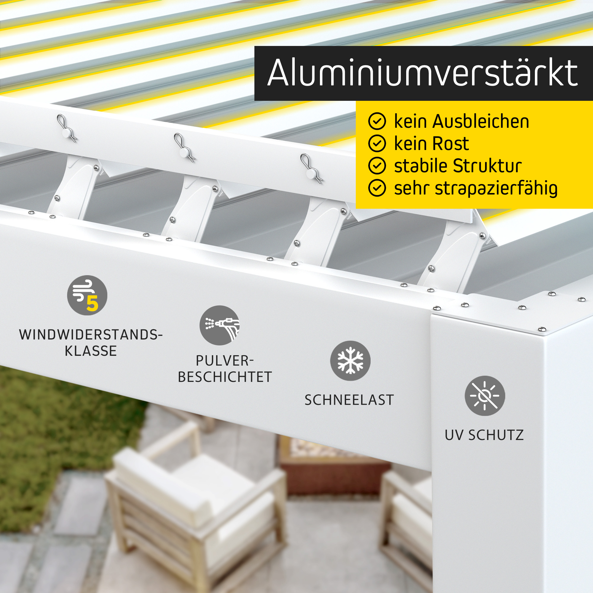 Pergola mit Lamellendach, aluminiumverstärkt, wetterbeständig, UV-Schutz, pulverbeschichtet