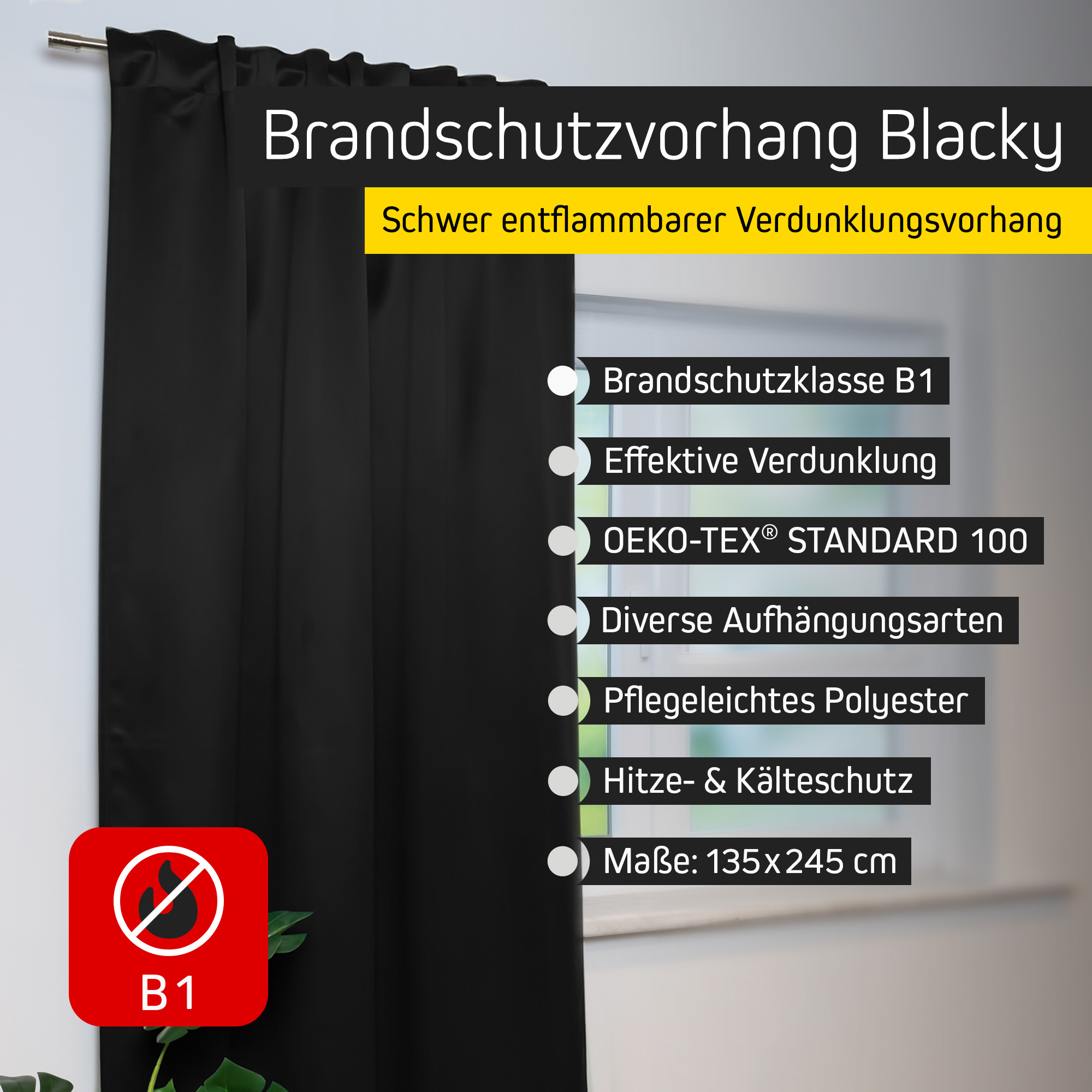 BLACKY Brandschutz-Vorhang B1 mit Kombiband | verdunkelnd, 135 x 245 cm, schwarz 