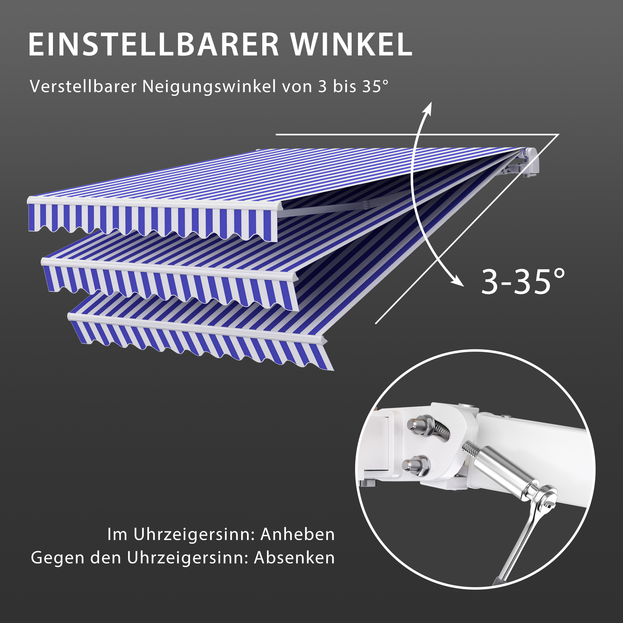Verstellbare Markise mit Neigungswinkel von 3 bis 35 Grad, Hebelmechanismus zur Einstellung
