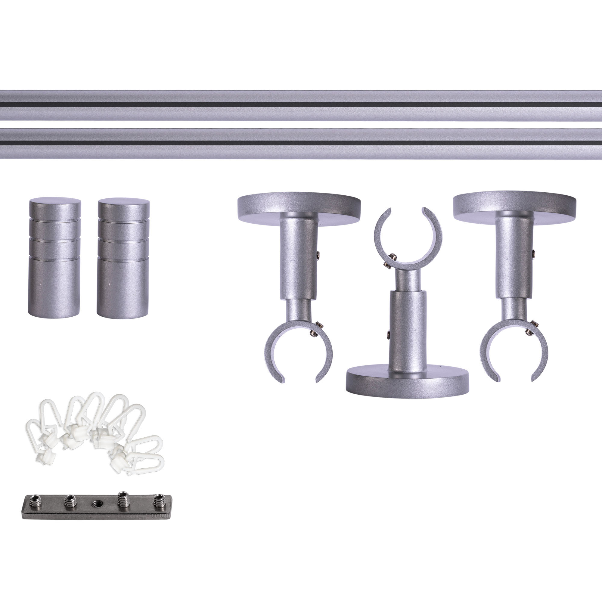 Set bastone per tenda con guida interna | 1 binario, ⌀ 19 mm, 240 cm, argentato + Supporto soffitto, Copertura scanalata, Cursore