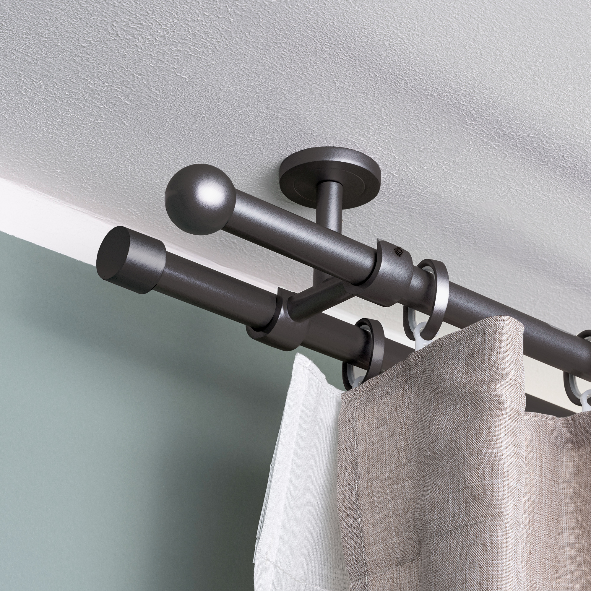 Set bastone per tenda | 2 binari, ⌀ 19 mm, 120 cm, antracite + Supporto soffitto, Finale a sfera