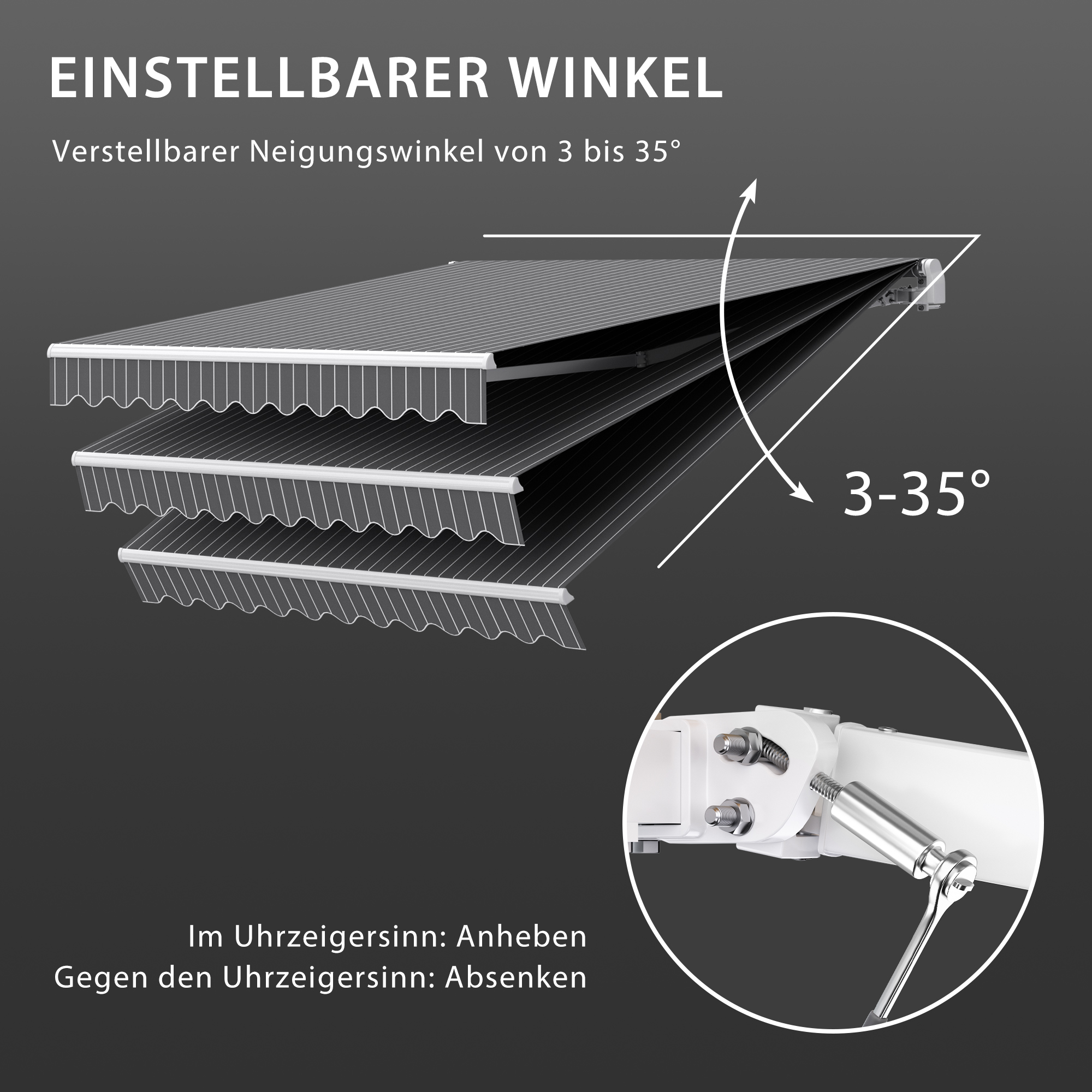 Gelenkarmmarkise Basic 2000 | 2,5 x 1,5 m / Gestell: weiß / Stoff: Block, dunkelgrau-weiß 