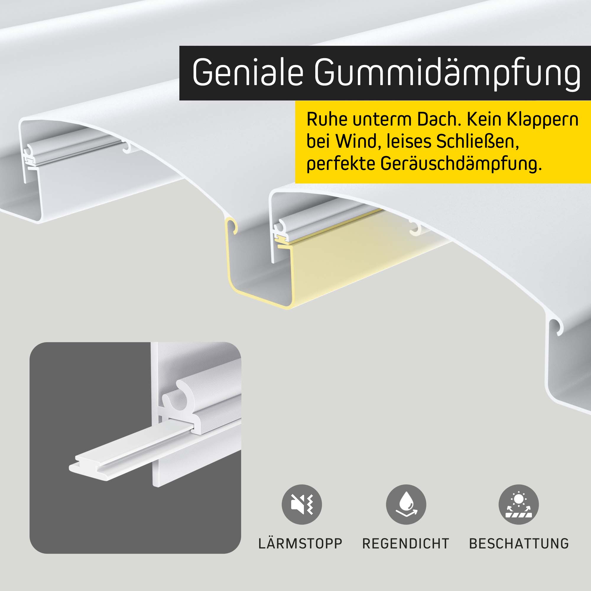 Pergola mit Lamellendach und Gummidämpfung zur Geräuschreduzierung und Wetterbeständigkeit