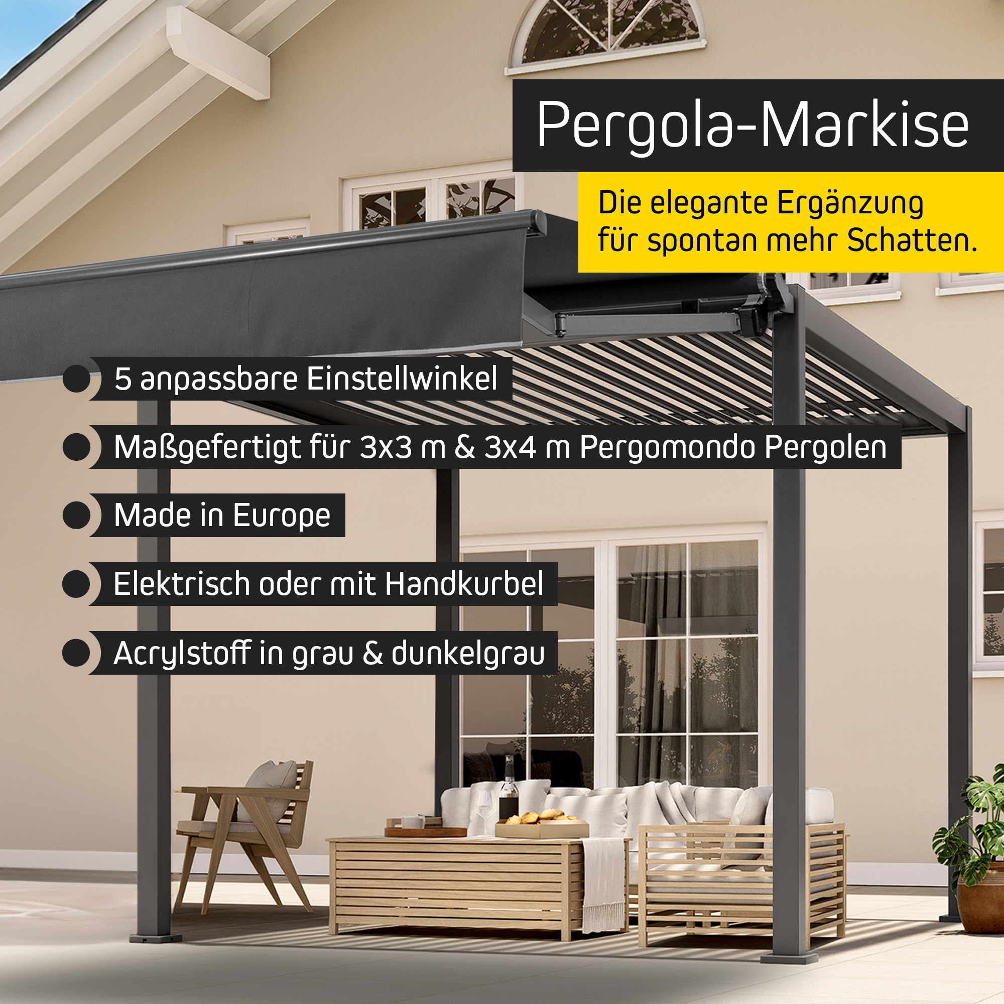 Markise für Pergola mit Lamellendach, verstellbar, elektrisch oder manuell, für Schattenfunktion