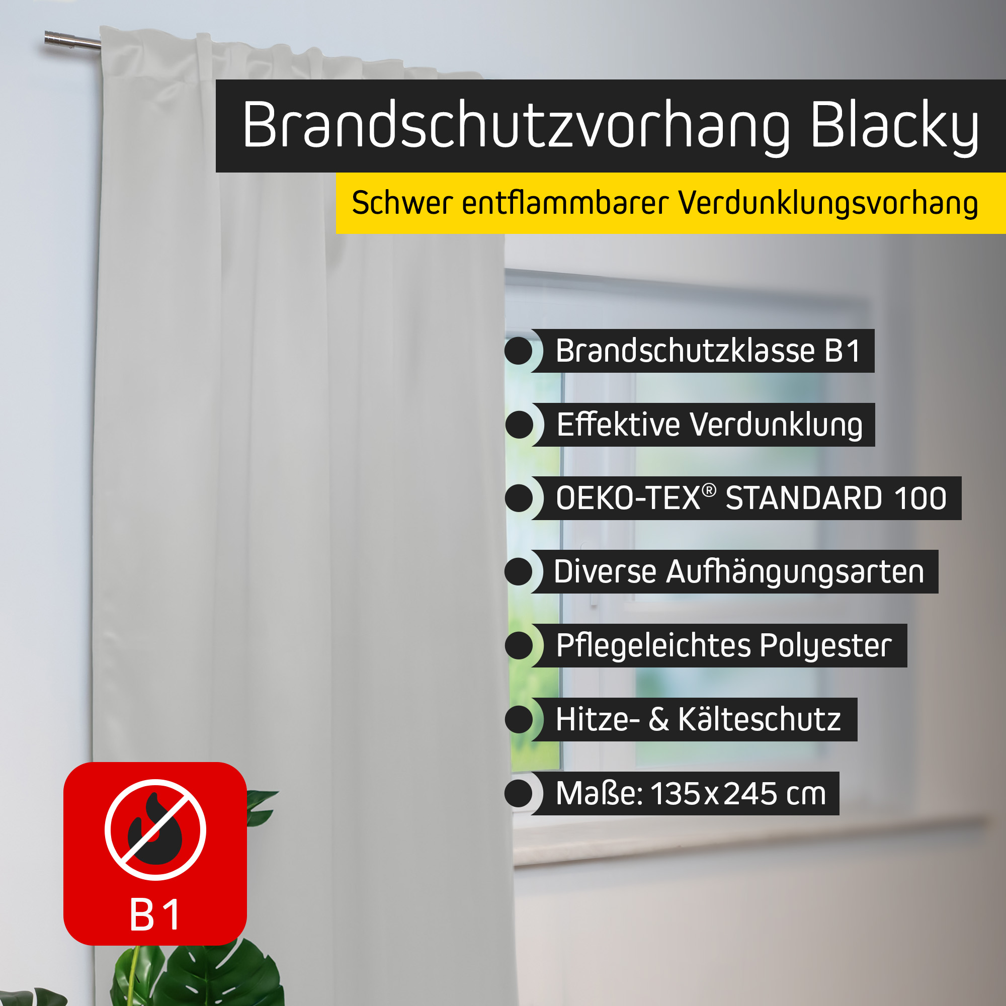 Brandschutzvorhang mit Kombiband, schwer entflammbar, effektive Verdunklung, pflegeleicht