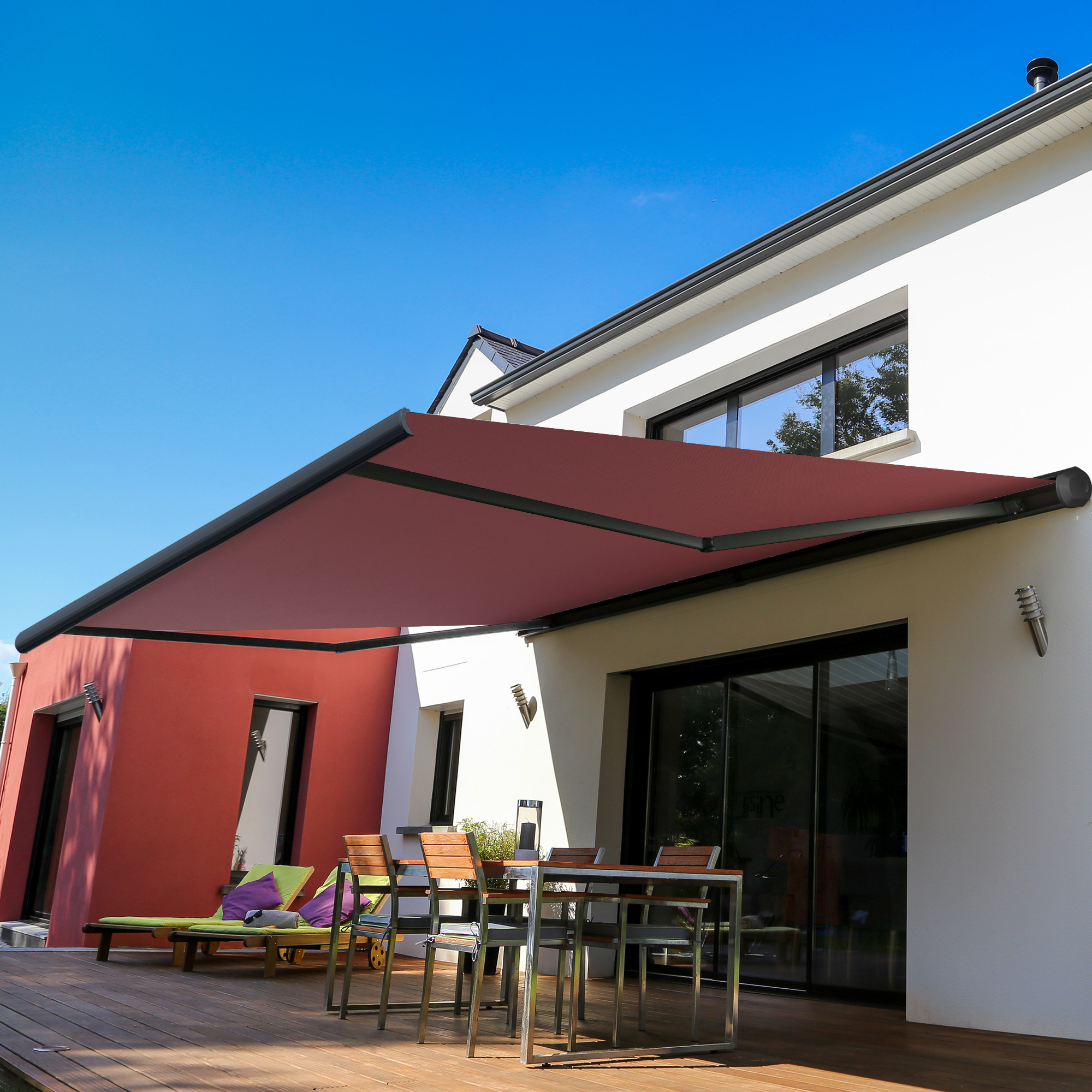 Kassettenmarkise Curve 2000 | 3,45 x 3 m / Gestell: anthrazit / Stoff: Uni, weinrot