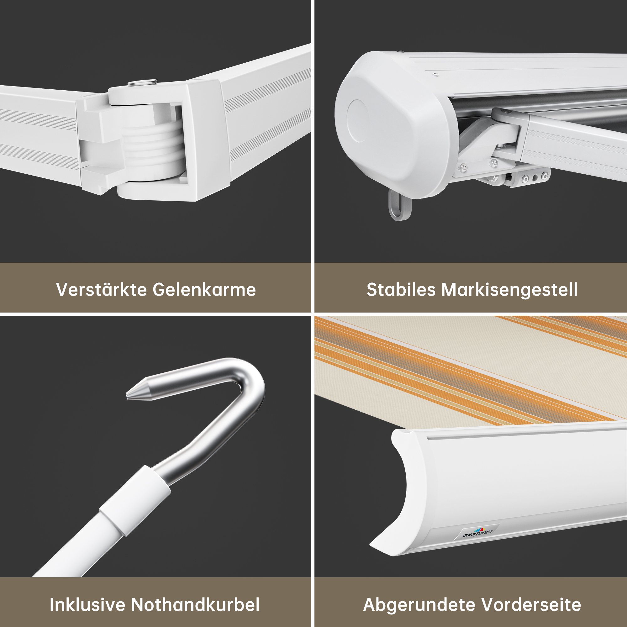 Kassettenmarkise Curve 2000 mit verstärkten Gelenkarmen und abgerundeter Vorderseite