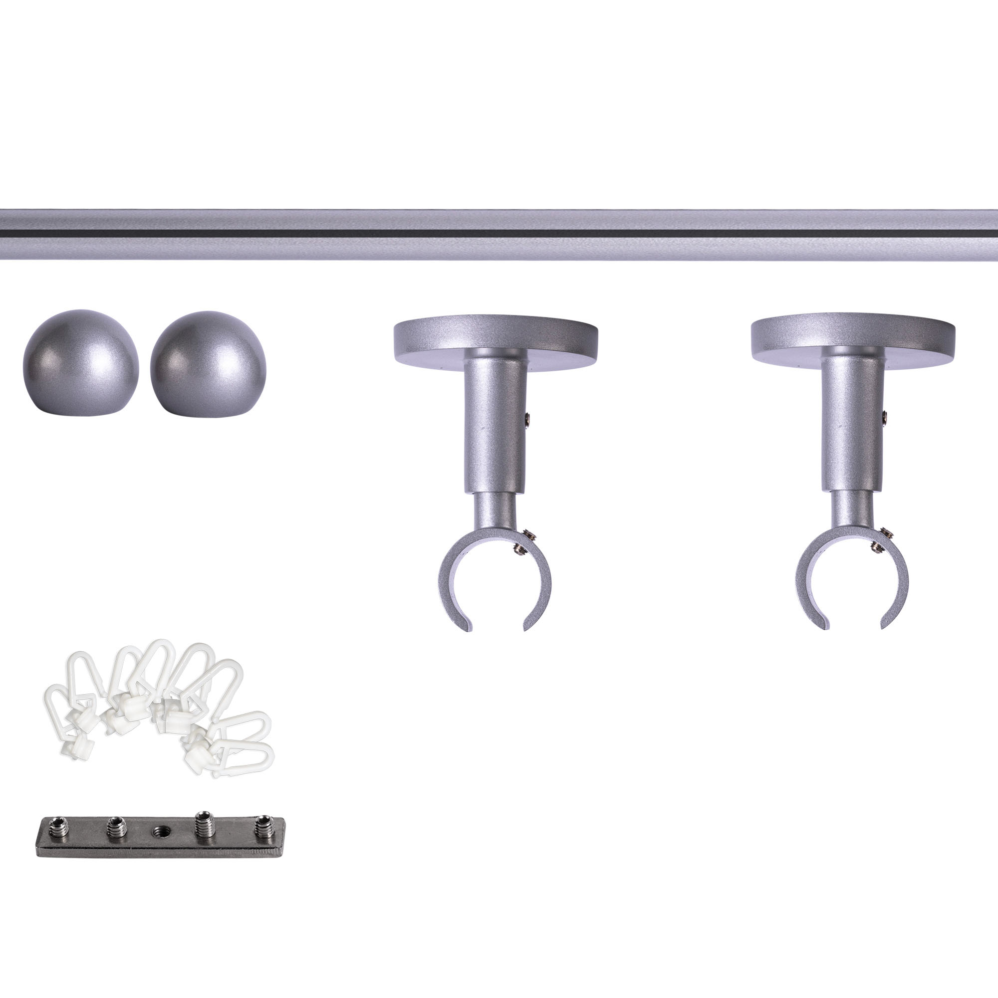 Set bastone per tenda con guida interna | 1 binario, ⌀ 19 mm, 120 cm, argentato + Supporto soffitto, Finale a sfera, Cursore
