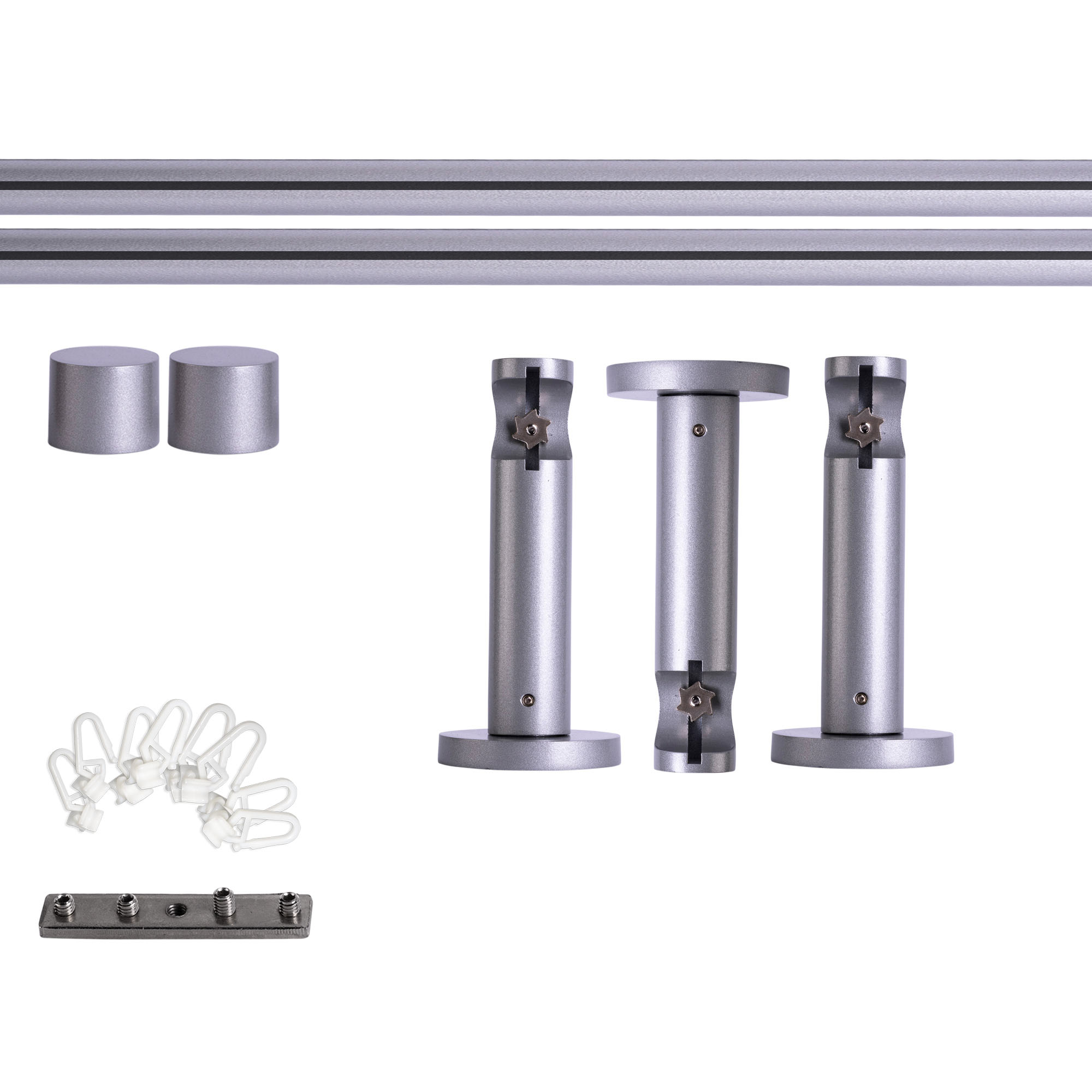 Set bastone per tenda con guida interna | 1 binario, ⌀ 19 mm, 280 cm, argentato + Supporto parete, Tappo, Cursore