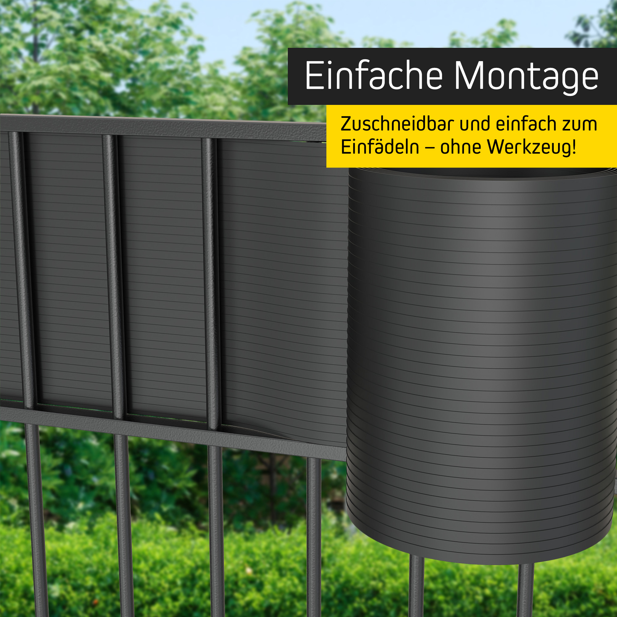 PVC Sichtschutzstreifen an einem Zaun zur einfachen Montage und Sichtschutz