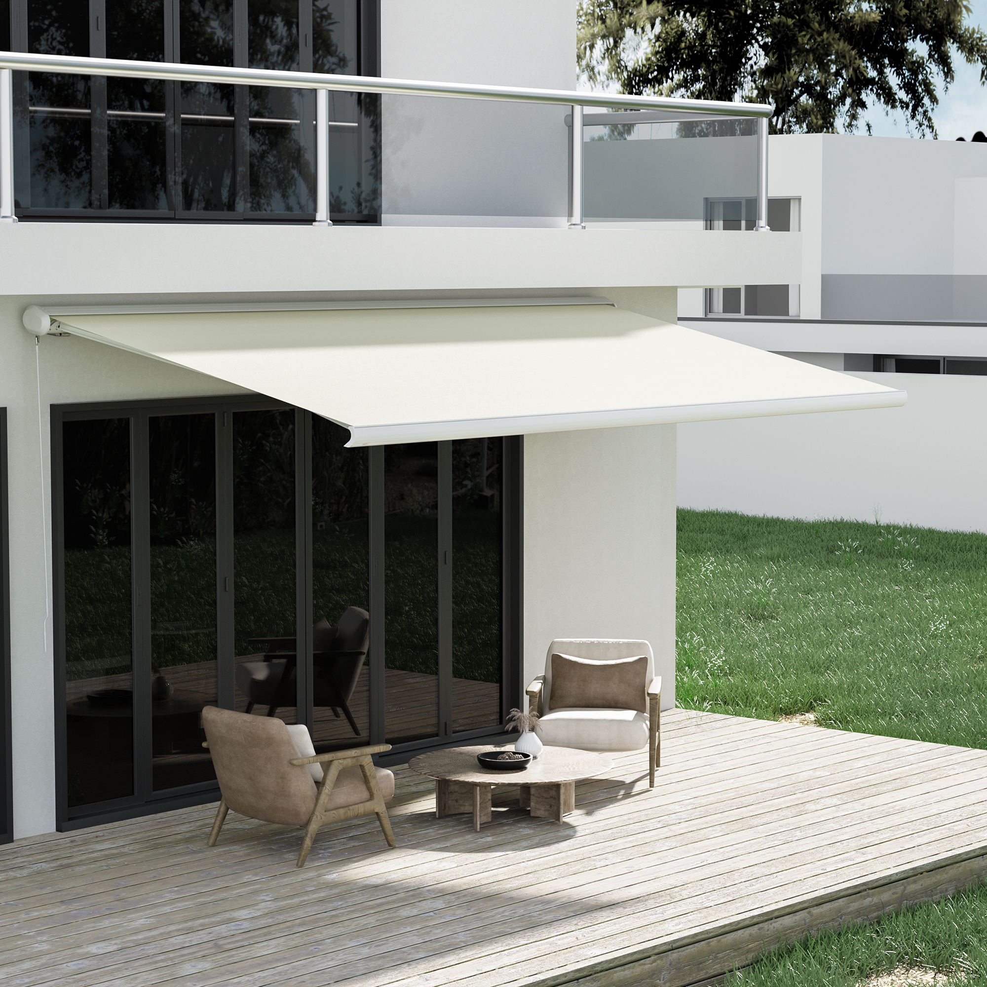 Kassettenmarkise Curve 2000 | 3,45 x 3 m / Gestell: weiß / Stoff: Uni, creme-weiß