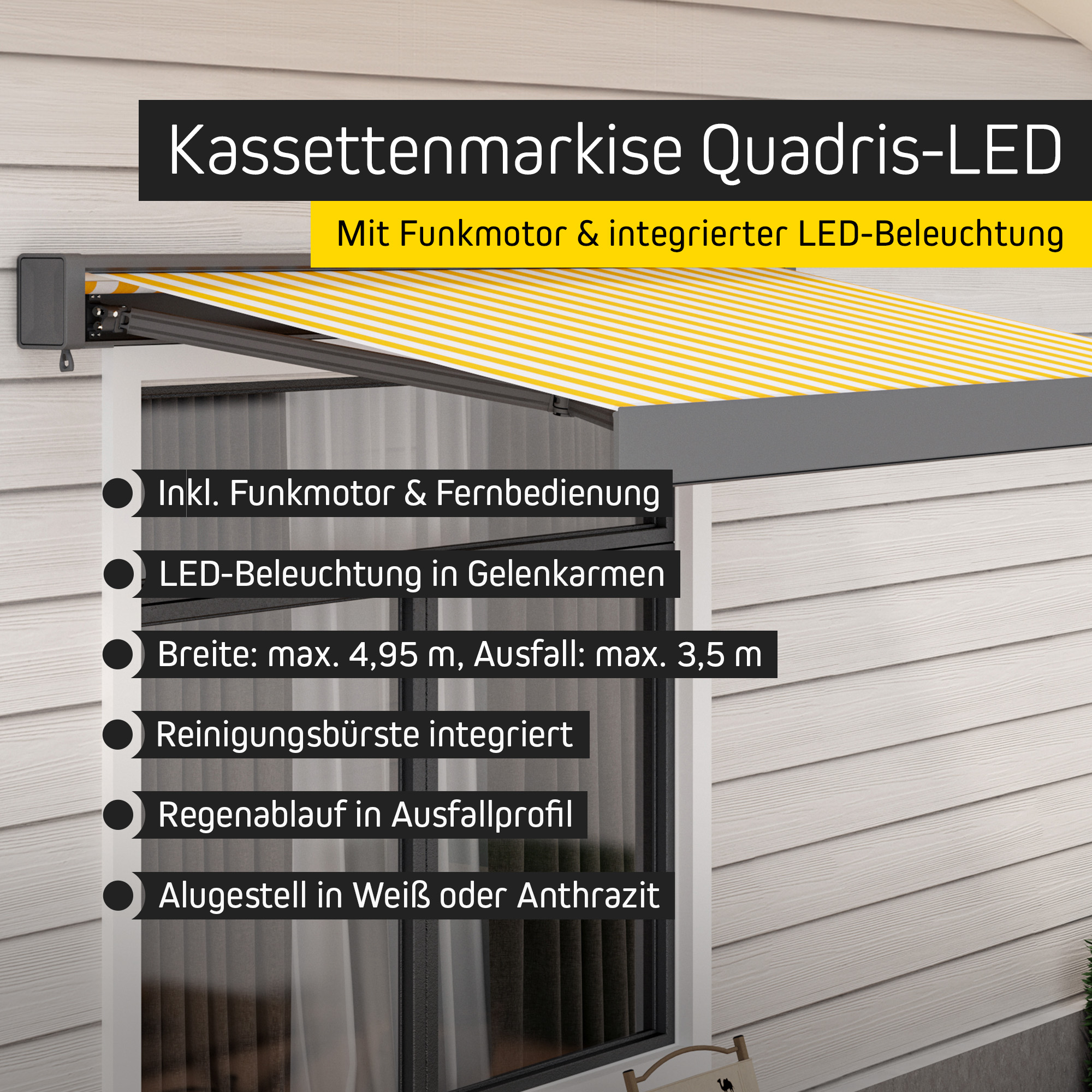Kassettenmarkise Quadris LED | 3,45 x 3 m, weiß, Stoff: grau, Uni 