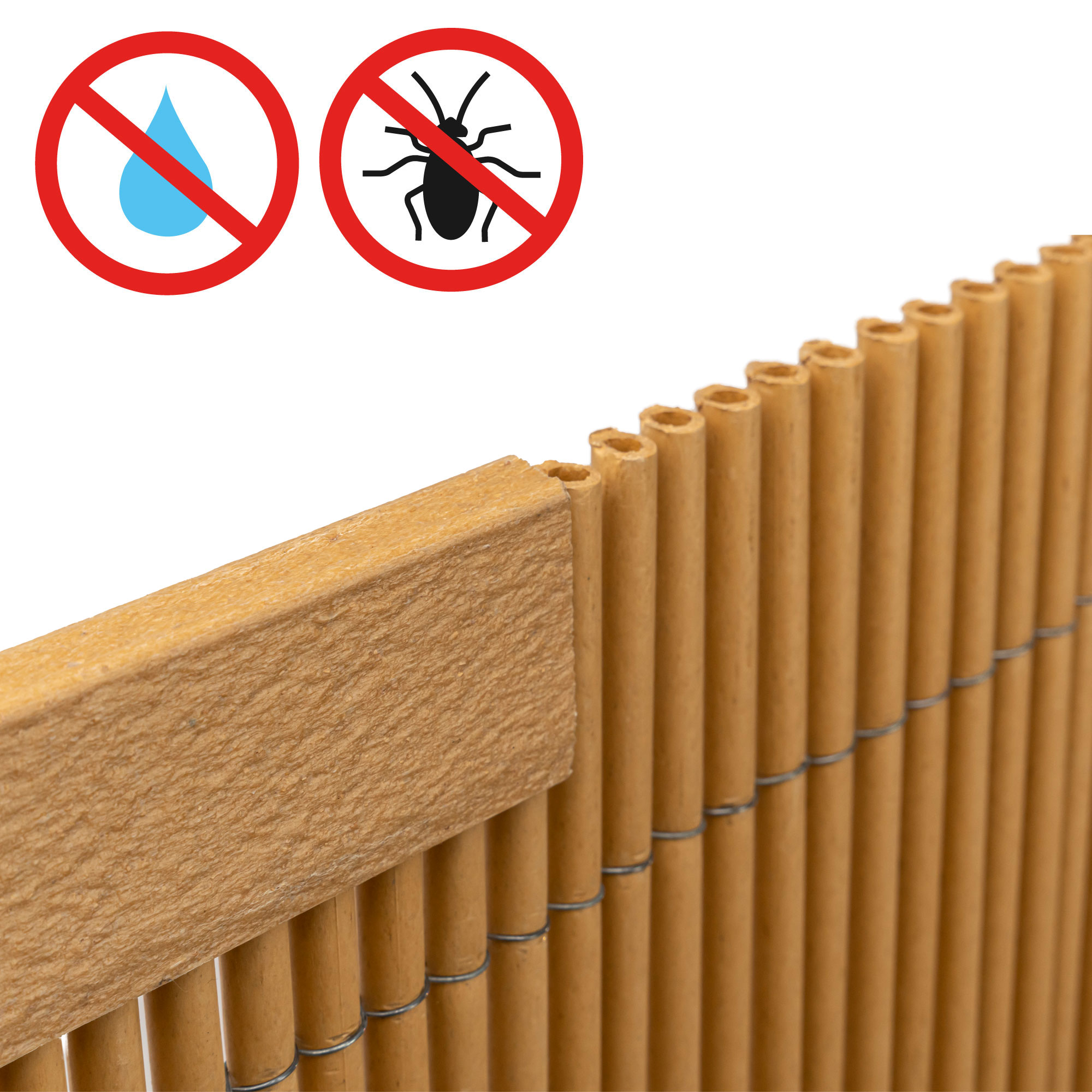Abdeckprofil für Sichtschutzmatte aus Bambusmaterial mit Schutzsymbolen gegen Wasser und Insekten