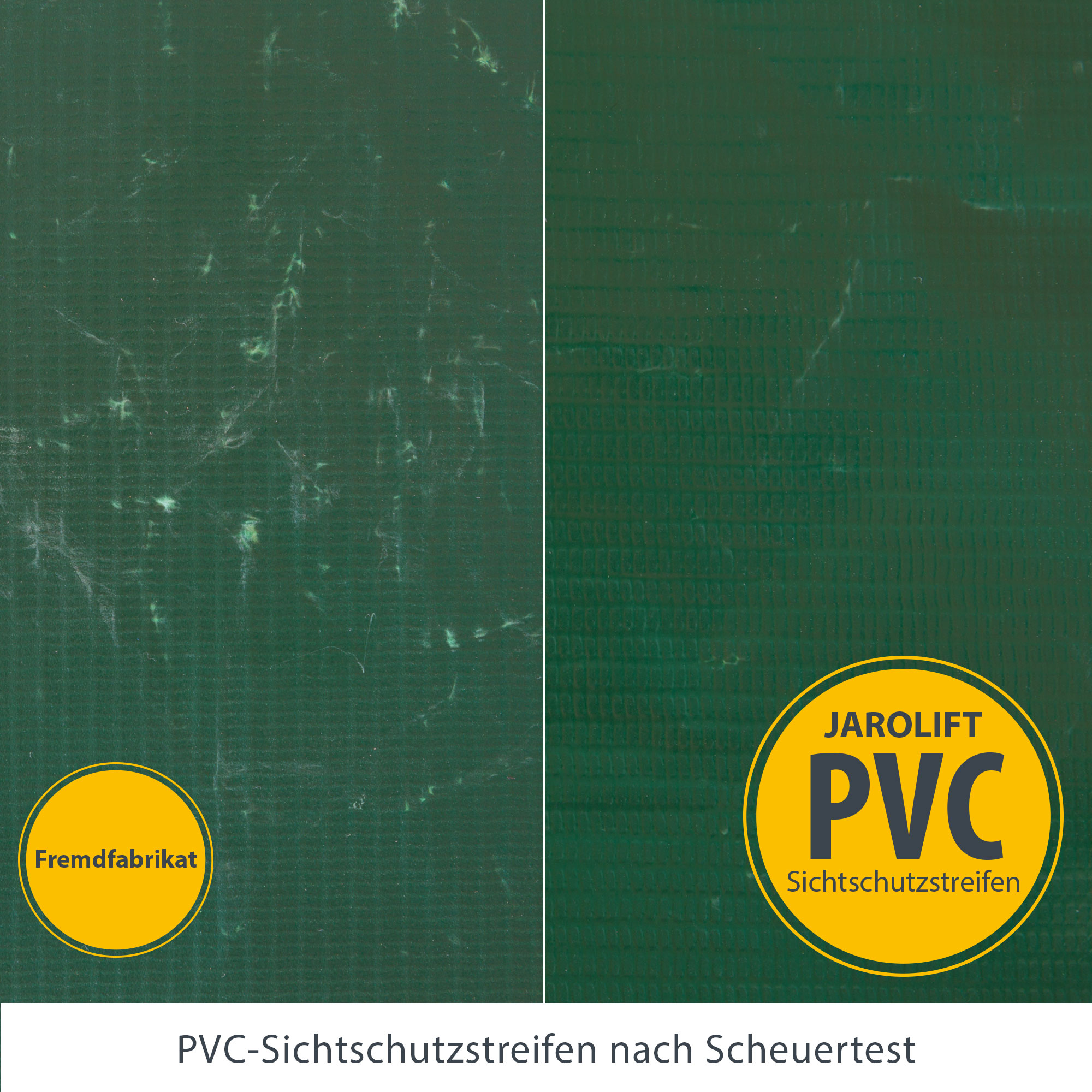 Vergleich von PVC-Sichtschutzstreifen nach Scheuertest, links Fremdfabrikat, rechts JAROLIFT