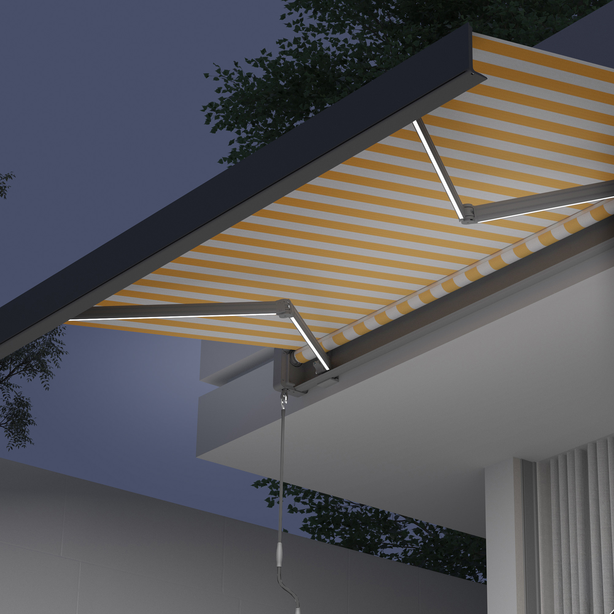 Kassettenmarkise Quadris LED | 3,45 x 3 m, anthrazit, Stoff: gelb-weiß, Blockstreifen | Hoverbild