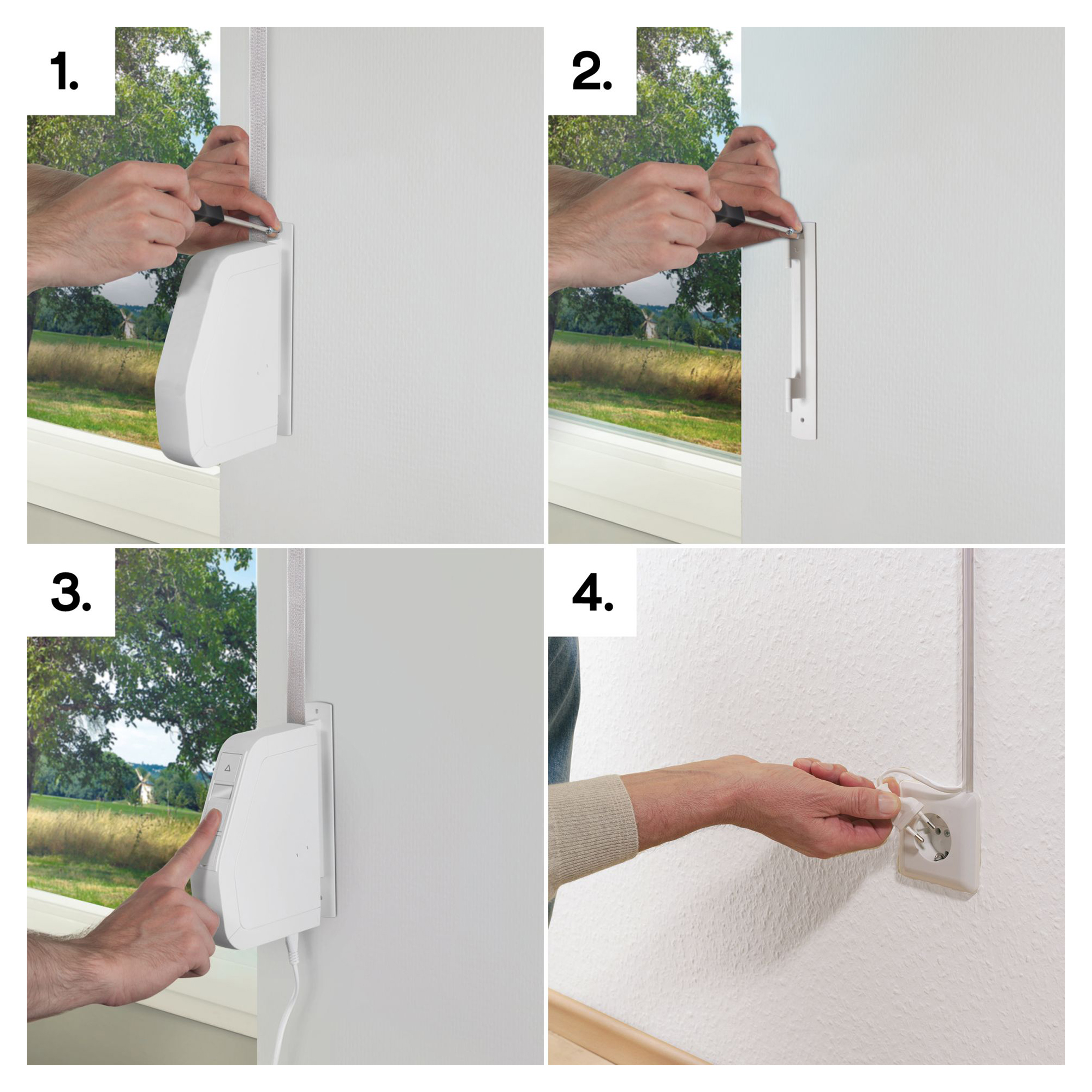 Montage eines elektrischen Gurtwicklers an der Wand mit Anschluss an eine Steckdose