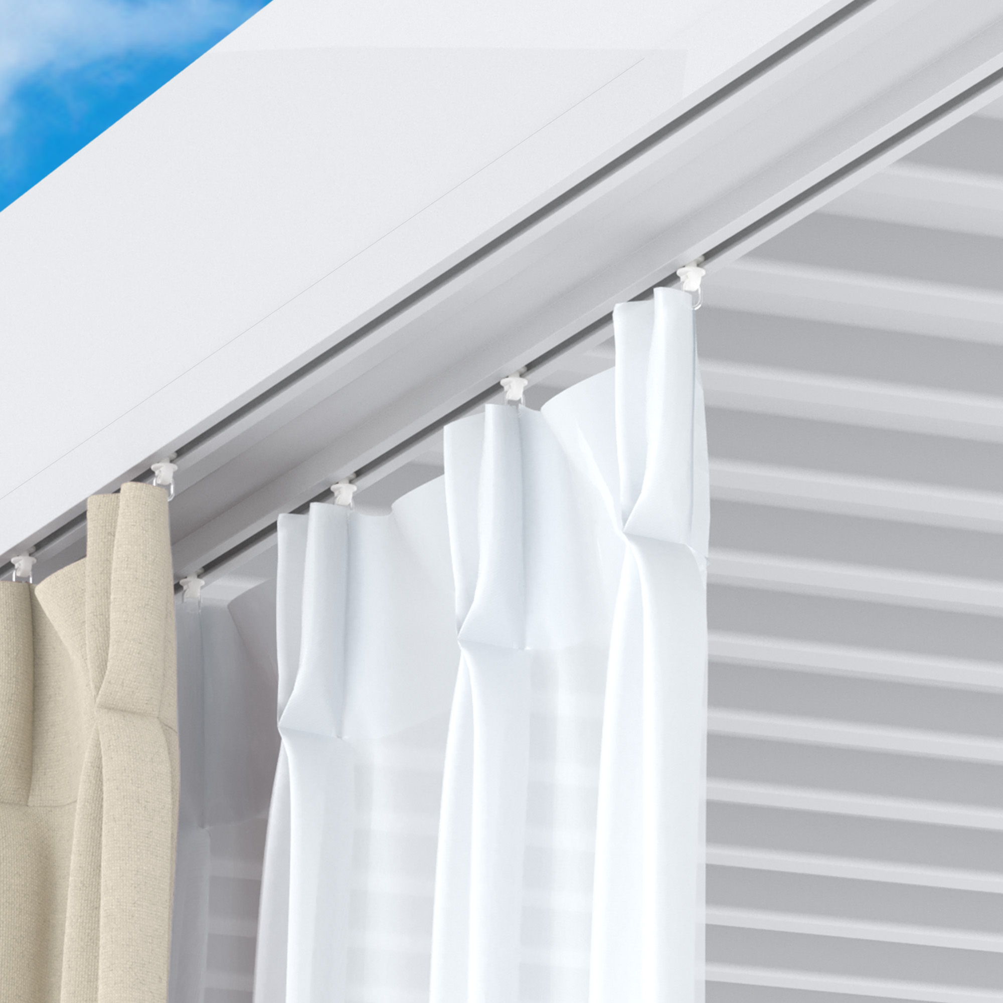Gardinenschienenset für Pergola mit Lamellendach, Vorhänge an Schiene befestigt
