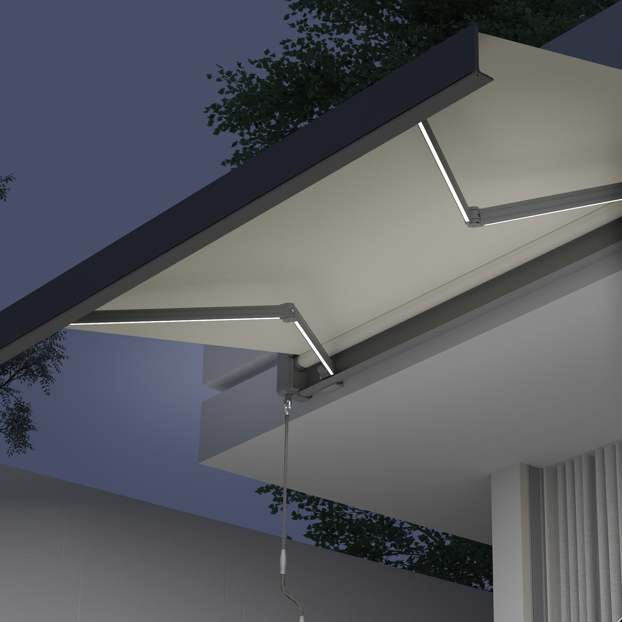Kassettenmarkise mit LED-Beleuchtung, montiert an einer Wand, zeigt Gelenkarme und Tuch