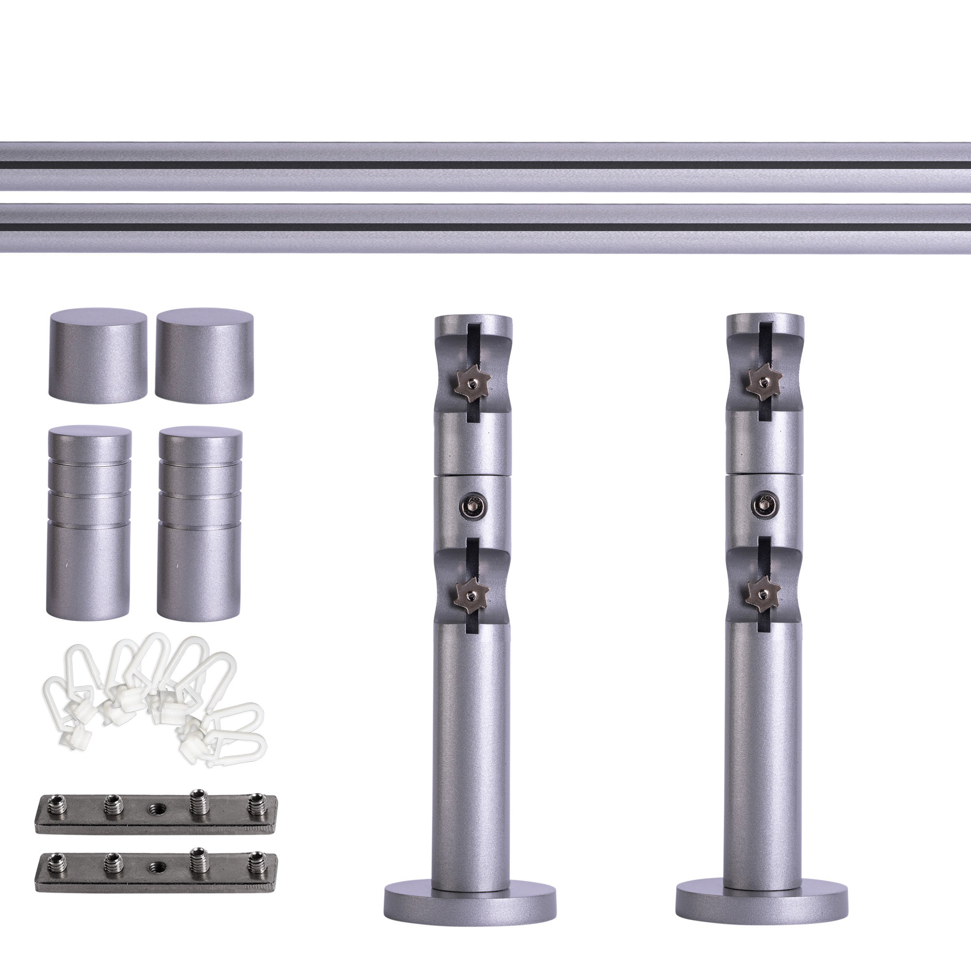 Set bastone per tenda con guida interna | 2 binari, ⌀ 19 mm, 120 cm, argentato + Supporto parete, Copertura scanalata, Cursore